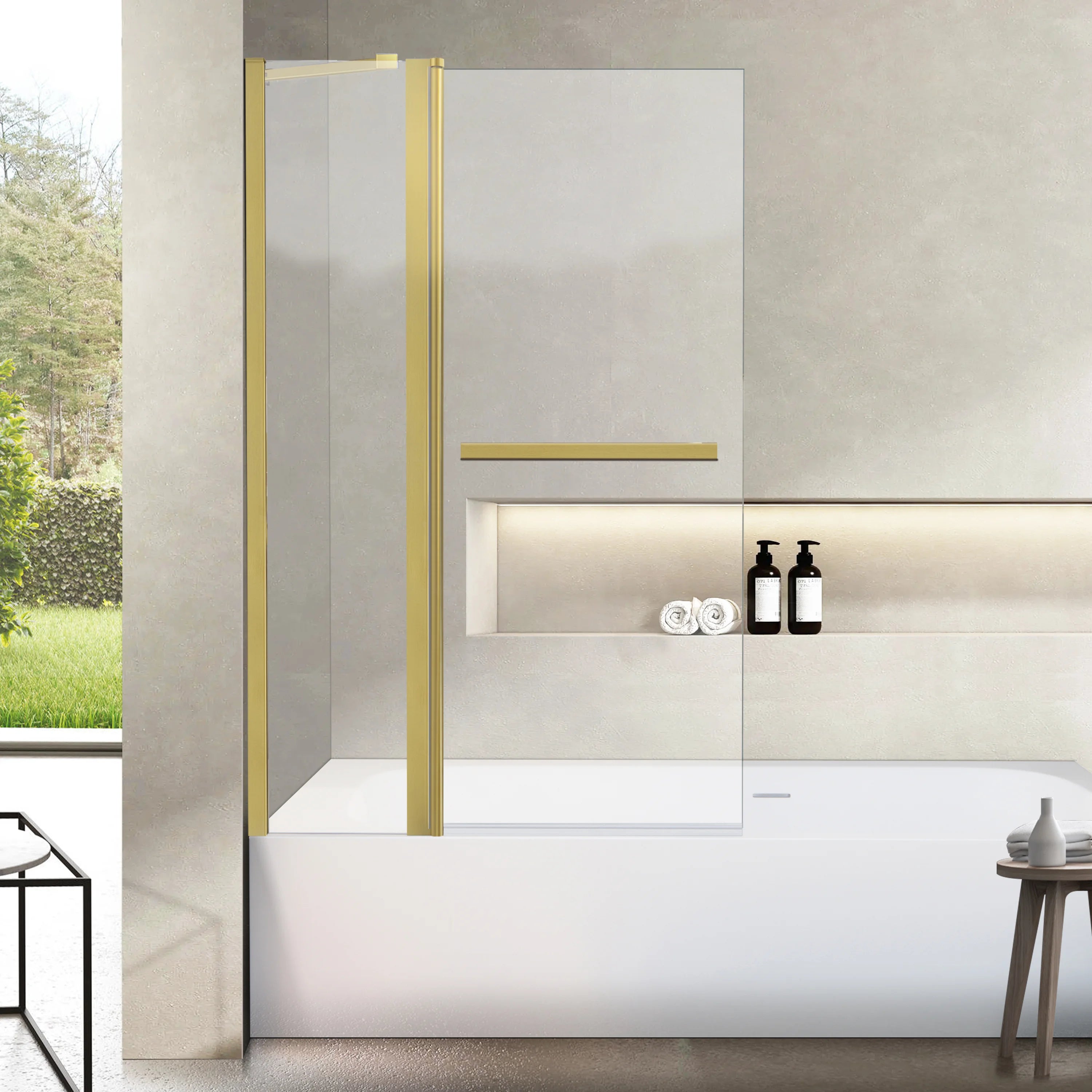 36" W x 55" H Frameless Pivot Bathtub Screen Serene B26 #Color_Brushed Gold