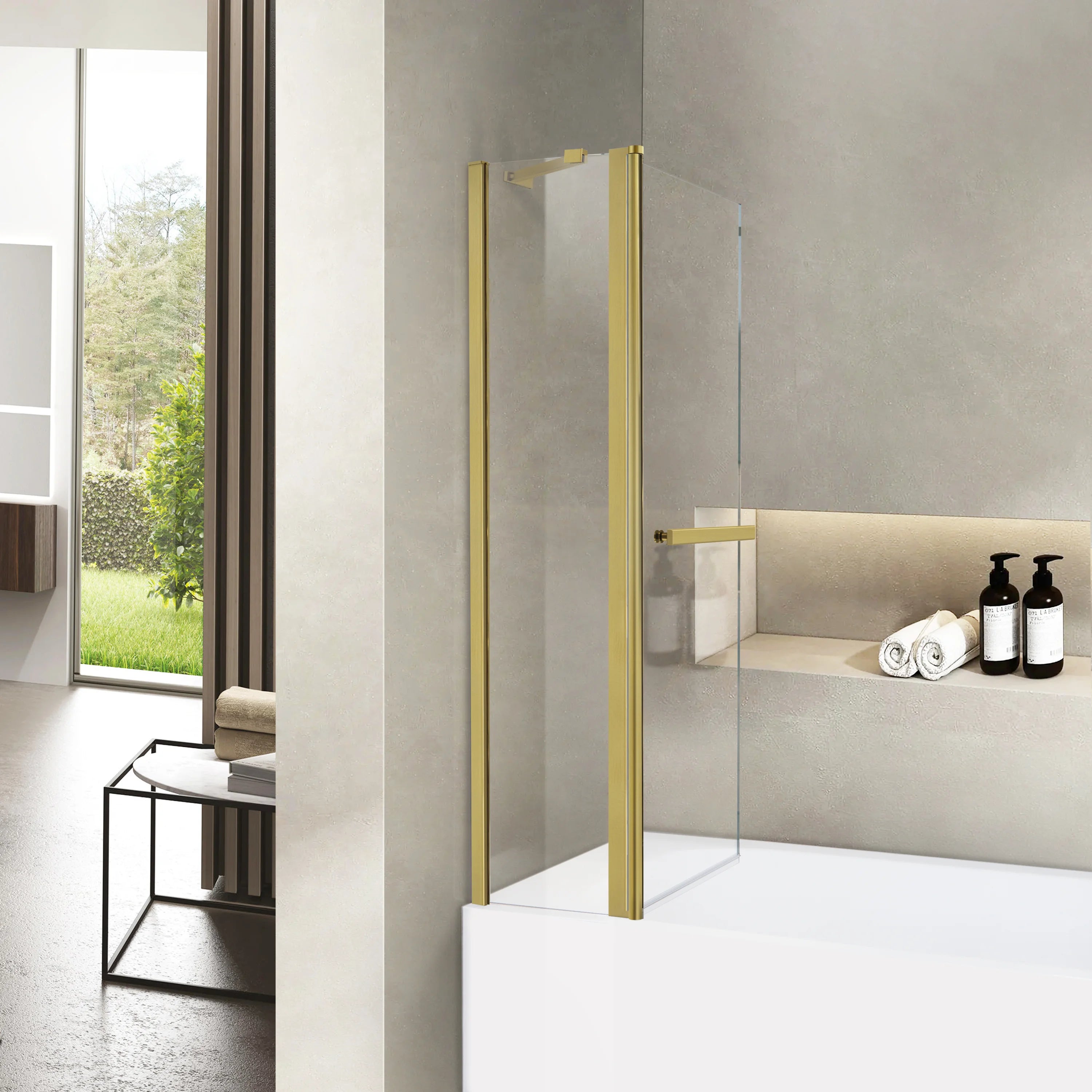 36" W x 55" H Frameless Pivot Bathtub Screen Serene B26 #Color_Brushed Gold