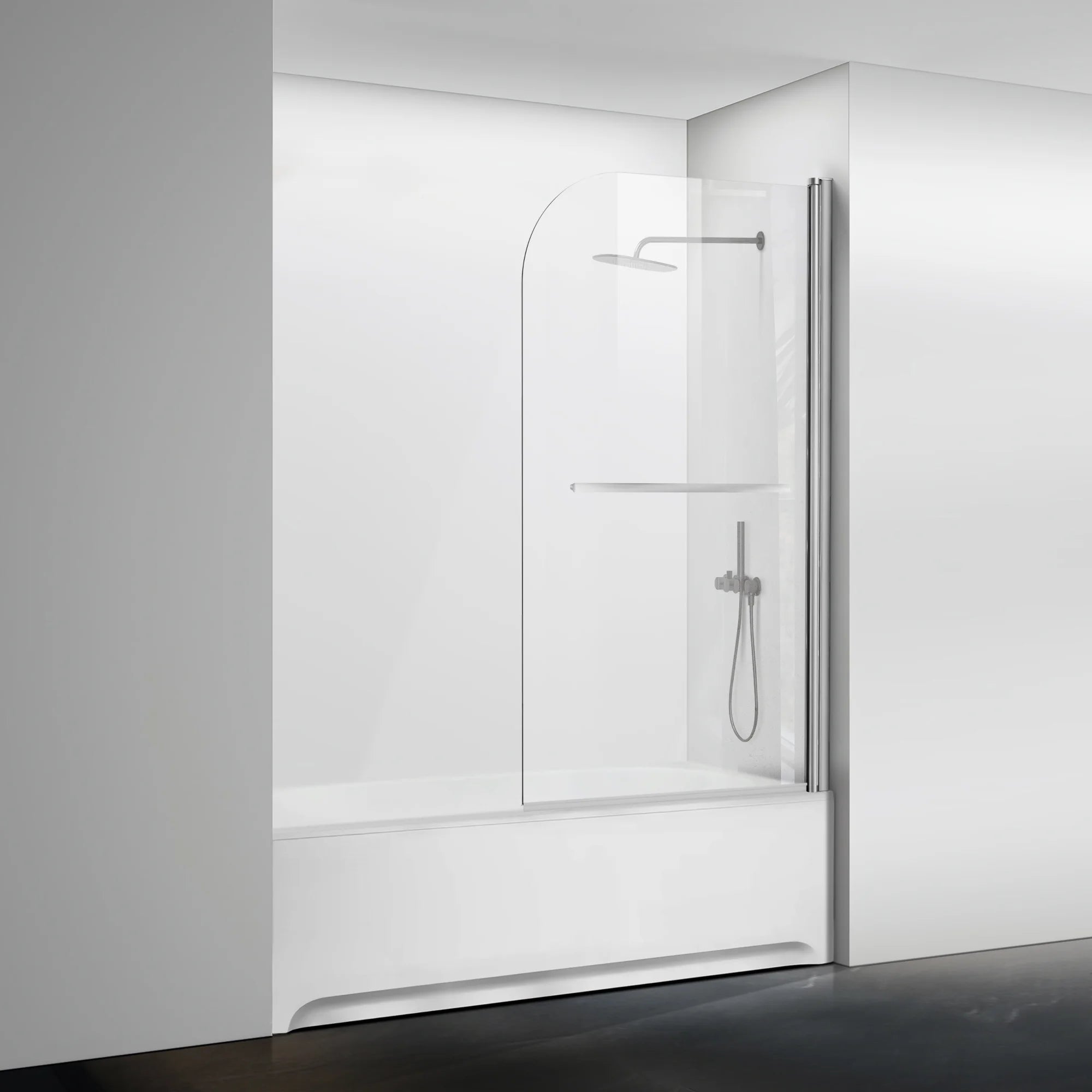 34" W x 58" H Frameless Pivot Bathtub Screen with Curved Top Misty J1 #Color_Polished Chrome