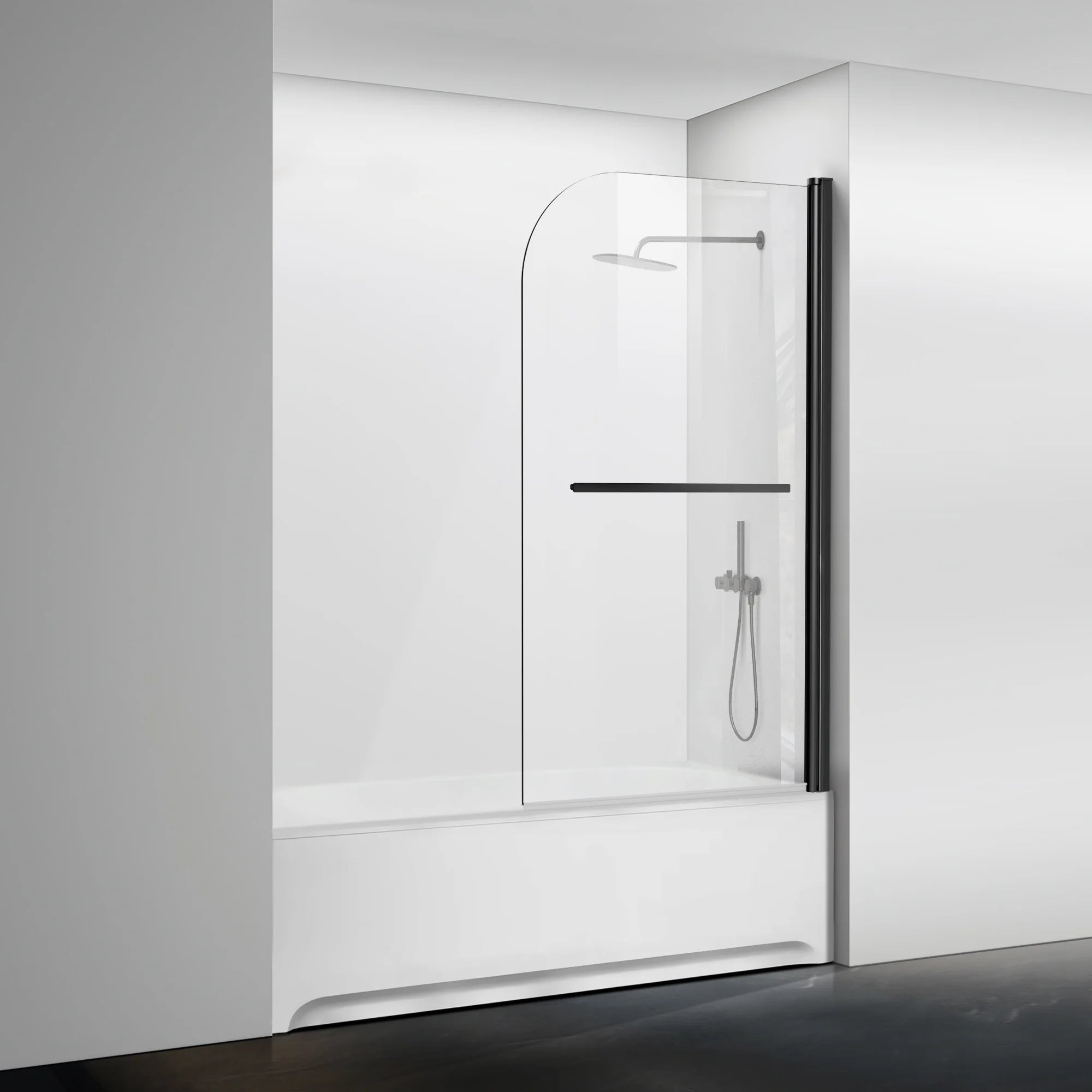 34" W x 58" H Frameless Pivot Bathtub Screen with Curved Top Misty J2 #Color_Matte Black