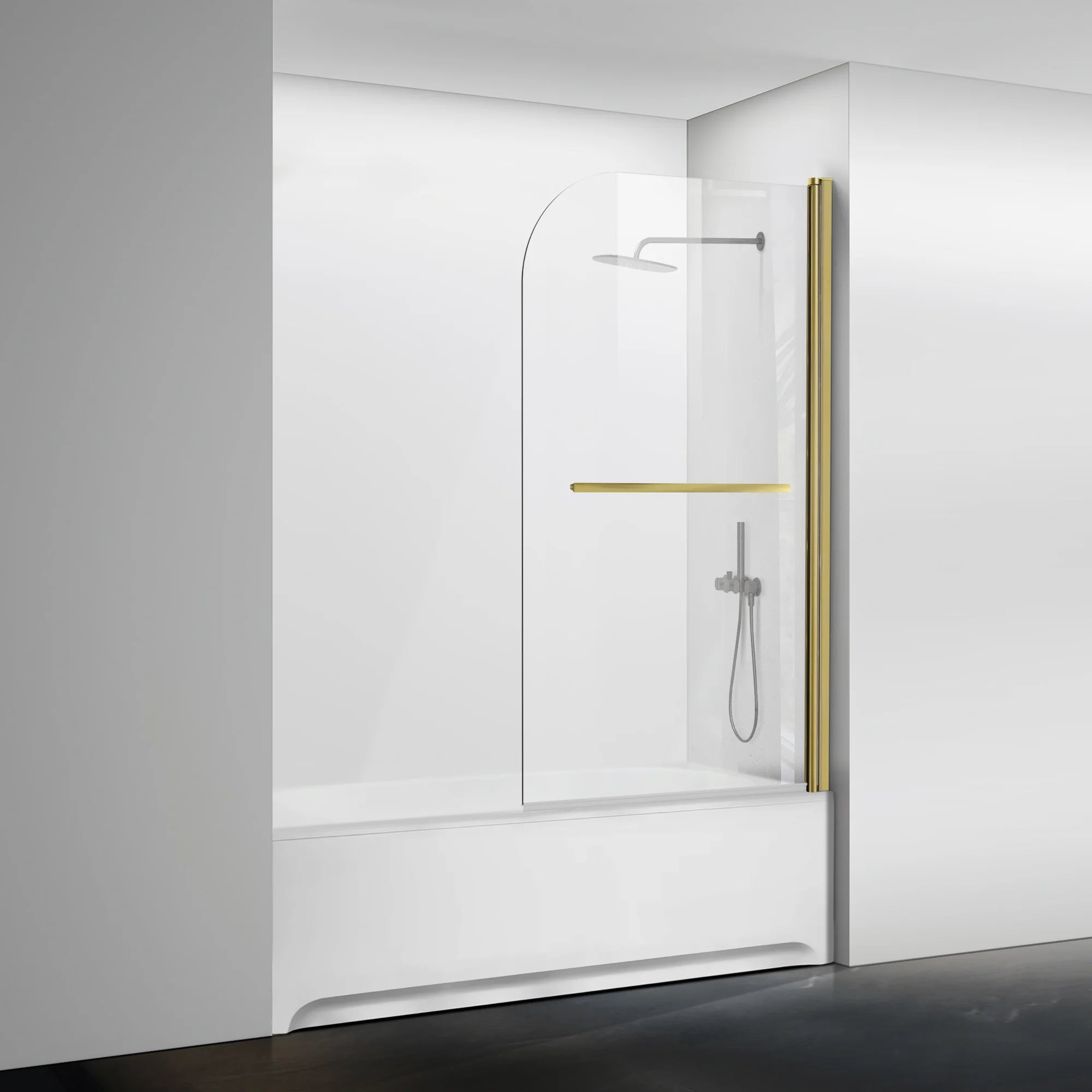 34" W x 58" H Frameless Pivot Bathtub Screen with Curved Top Misty J3 #Color_Brushed Gold