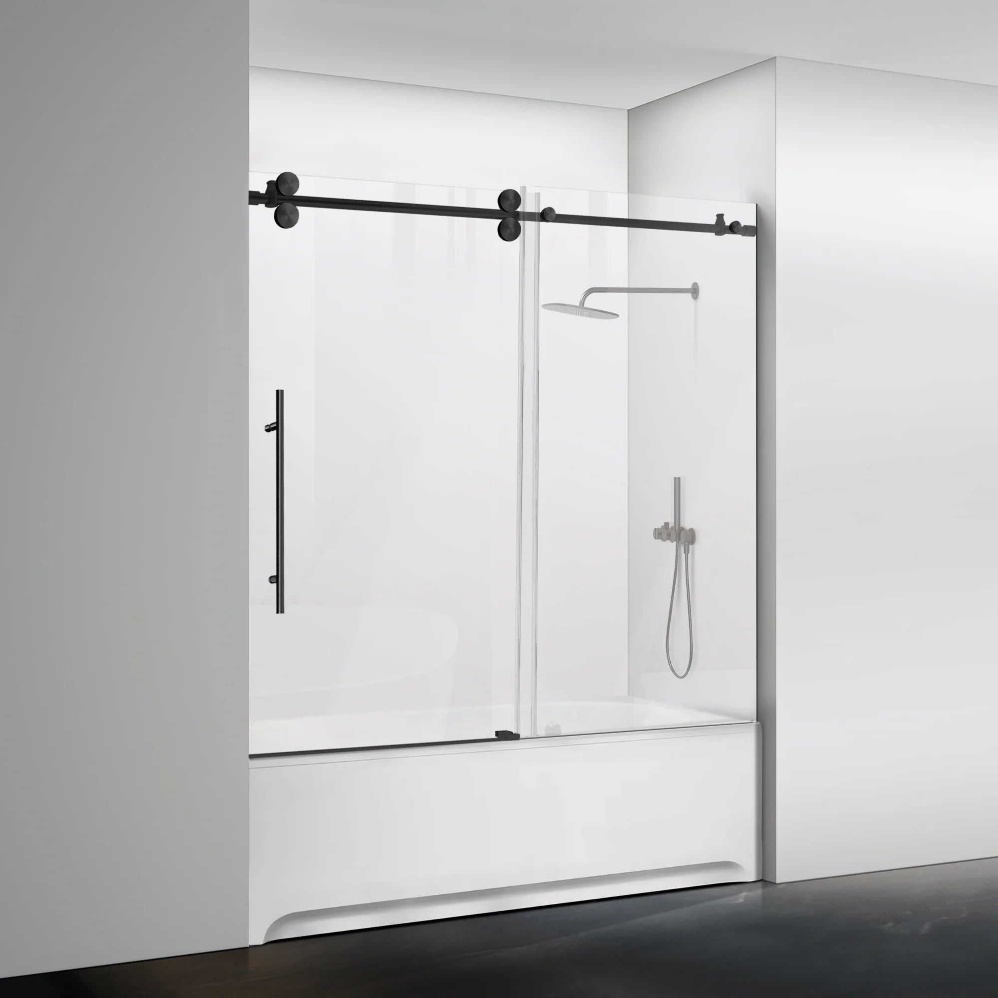56"-60" x 58" Frameless Single Sliding Tub Door Roller J7 #Color_Matte Black