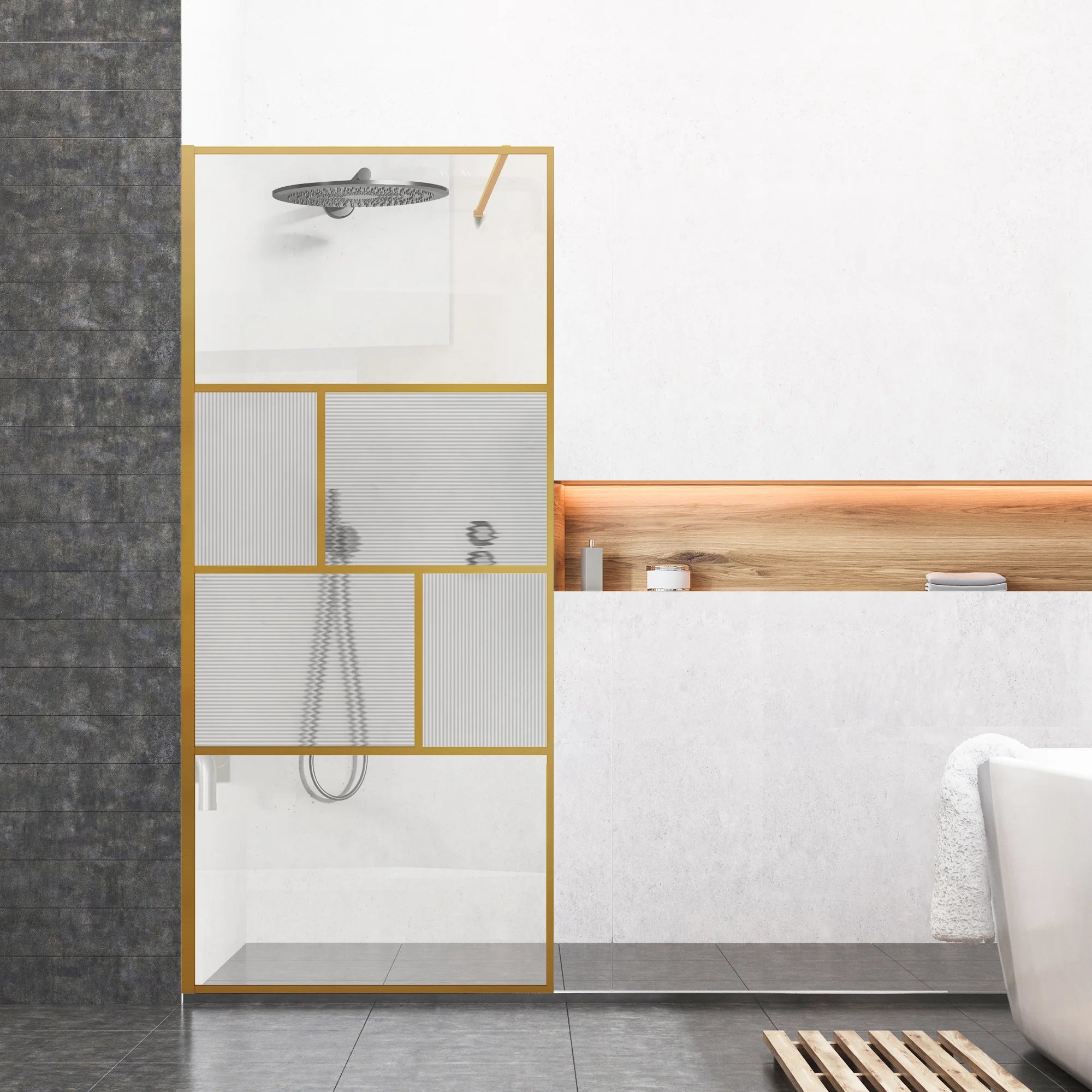 34" W x 74" H Walk-In Framed Fixed Shower Screen #Color_Brushed Gold