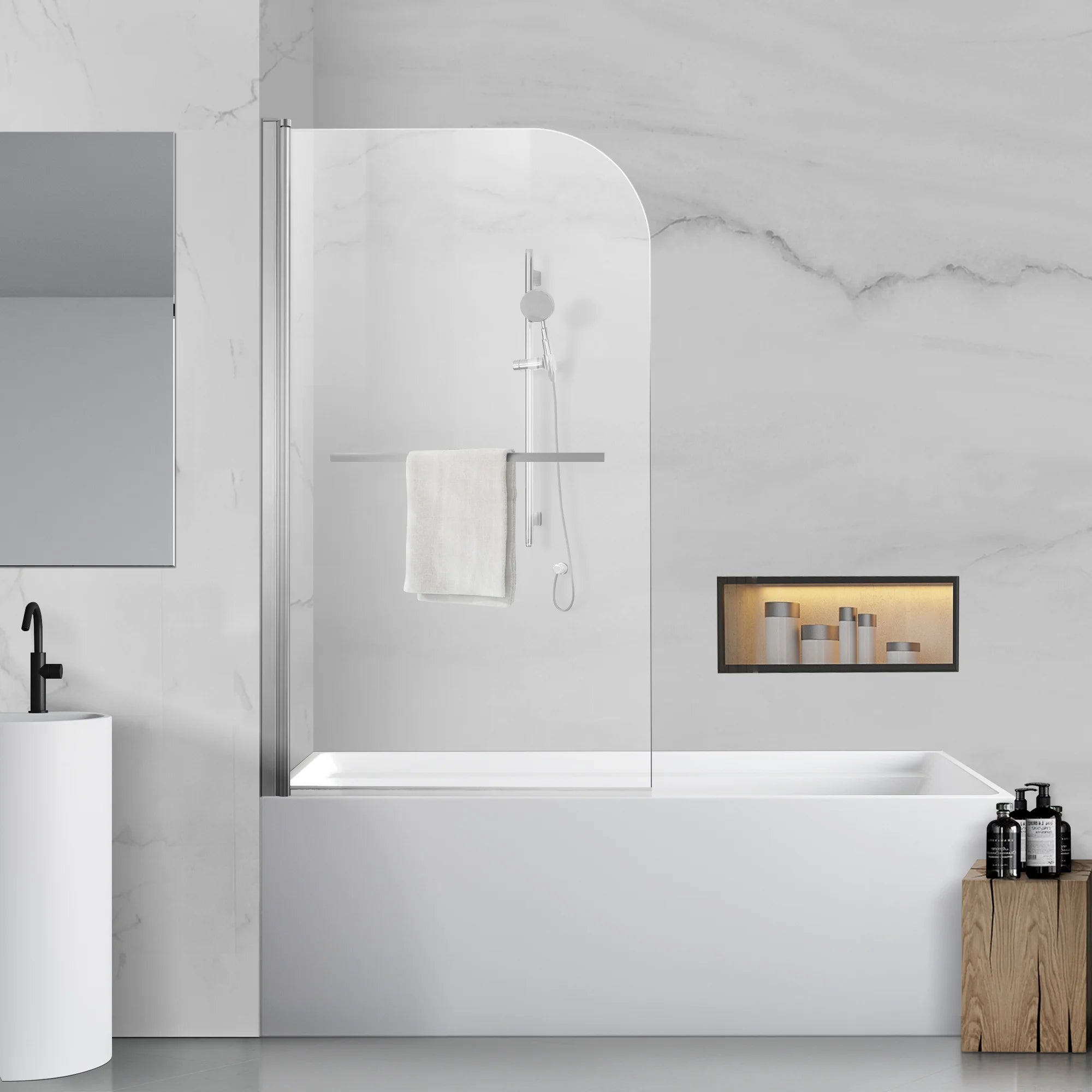 34" W x 58" H Frameless Pivot Bathtub Screen with Curved Top Misty J1 #Color_Polished Chrome