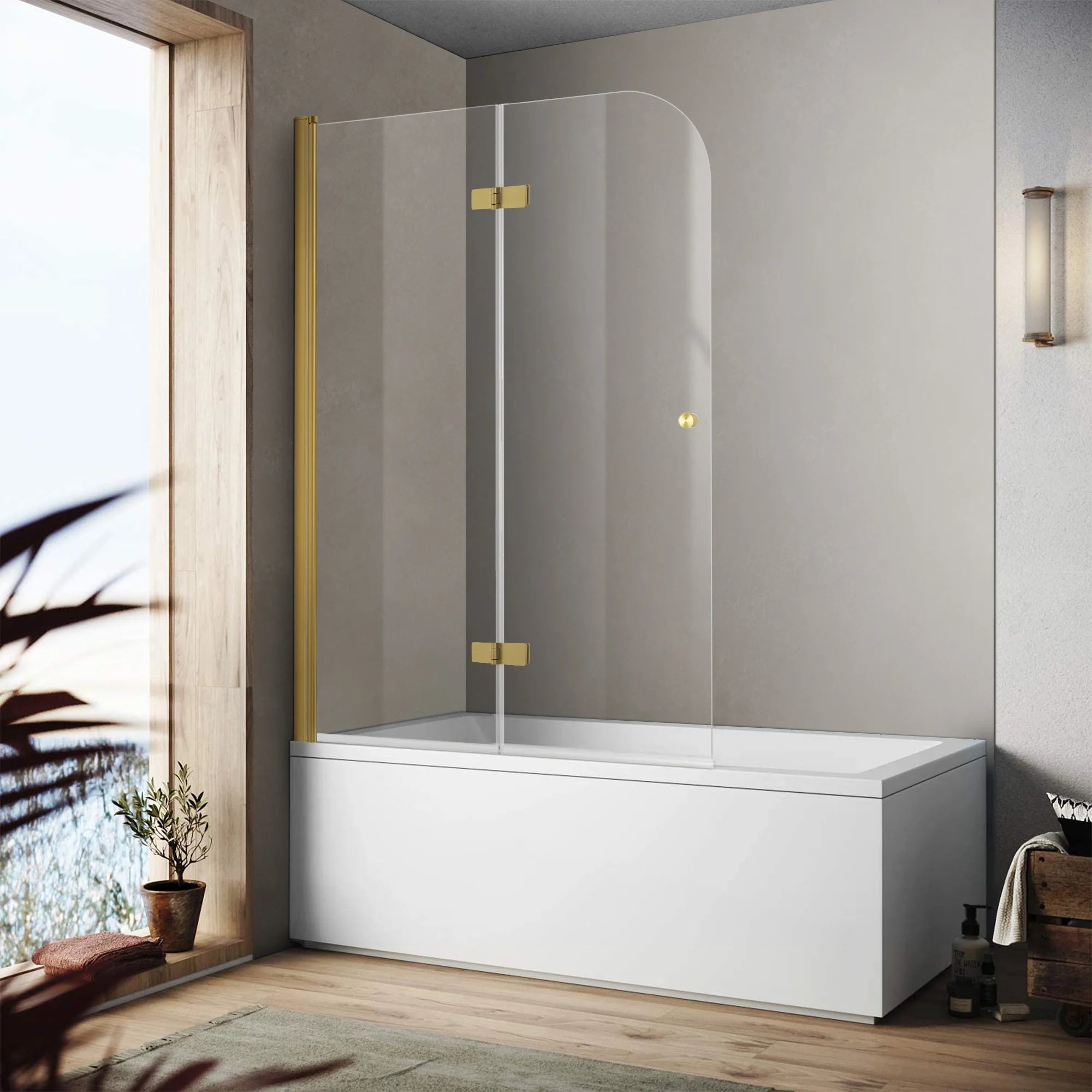 43" W x 58" H Frameless Hinged Bi-Fold Bathtub Door Misty J30 #Color_Brushed Gold