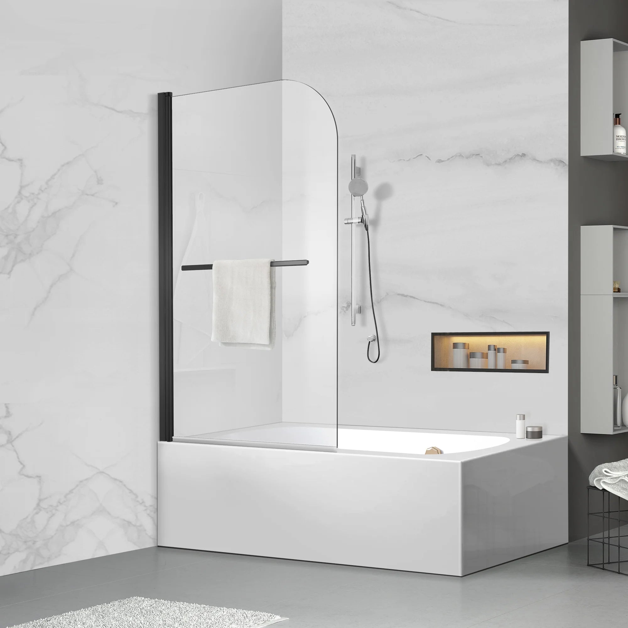 34" W x 58" H Frameless Pivot Bathtub Screen with Curved Top Misty J2 #Color_Matte Black