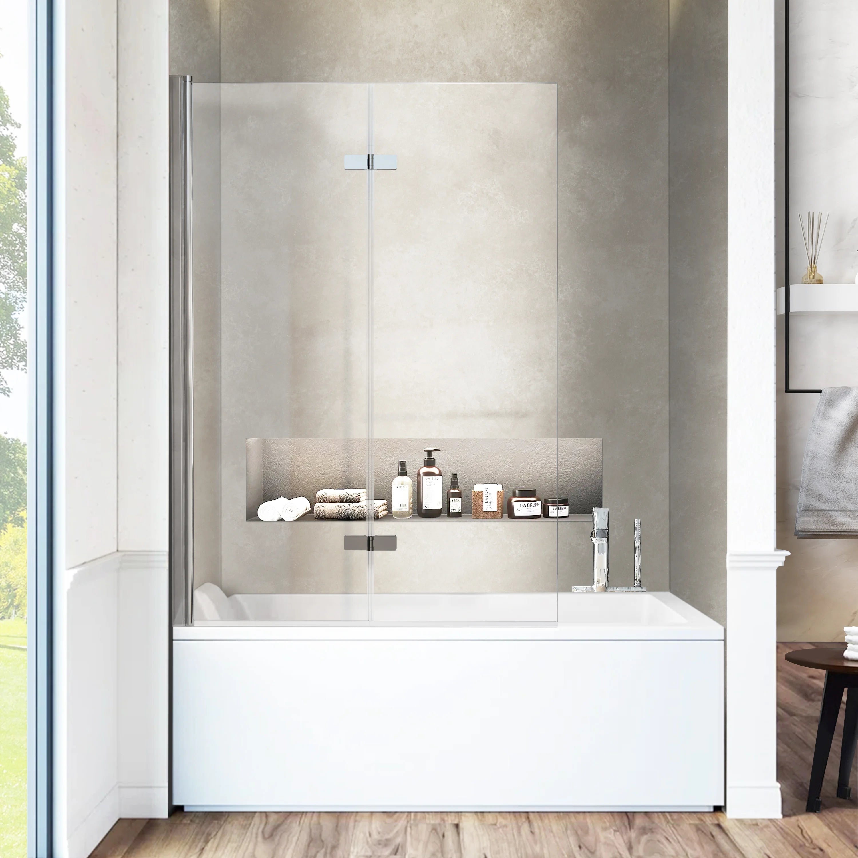 30" W x 55" H Frameless Bi-Fold Hinged Bathtub Door Serene B3 #Color_Polished Chrome