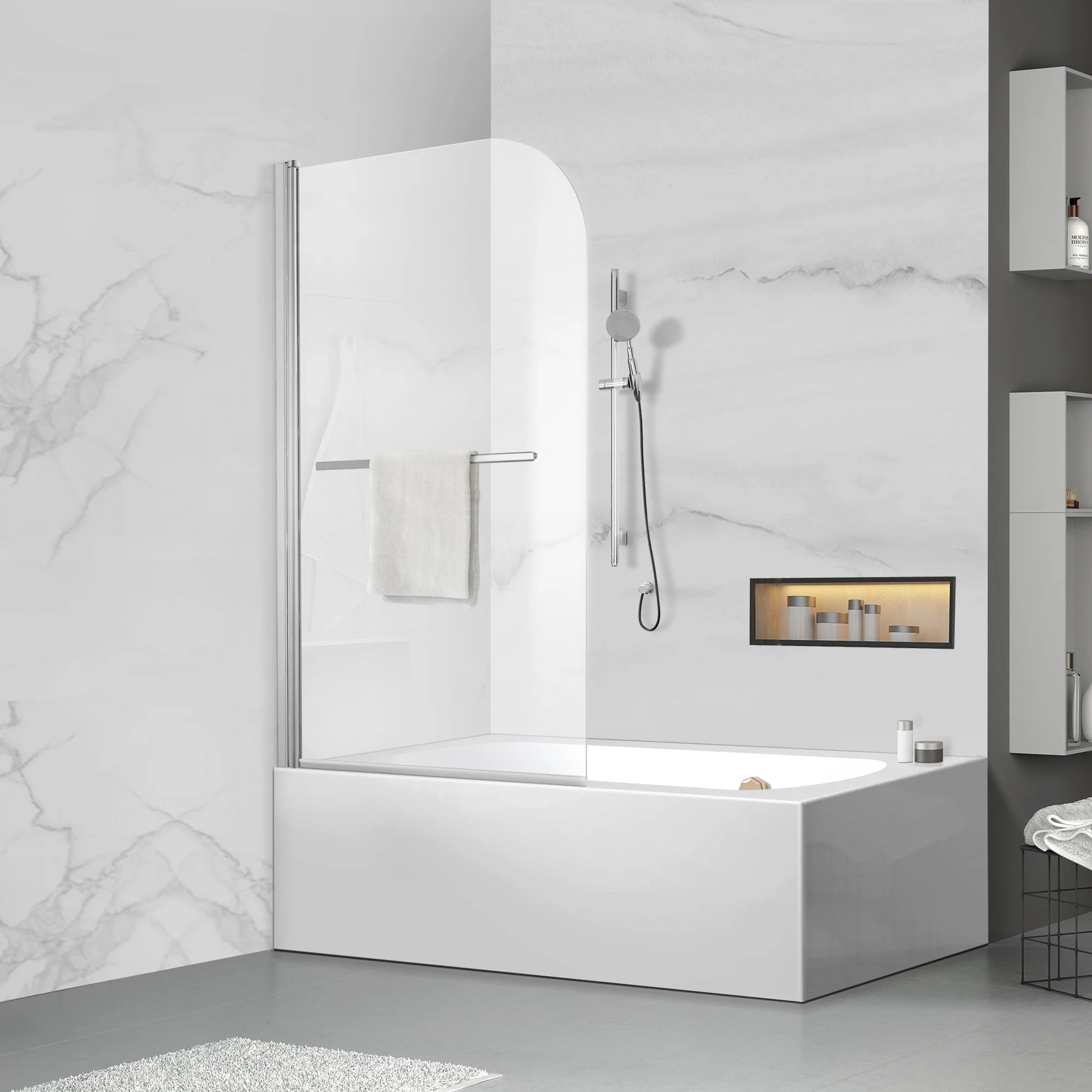 34" W x 58" H Frameless Pivot Bathtub Screen with Curved Top Misty J1 #Color_Polished Chrome