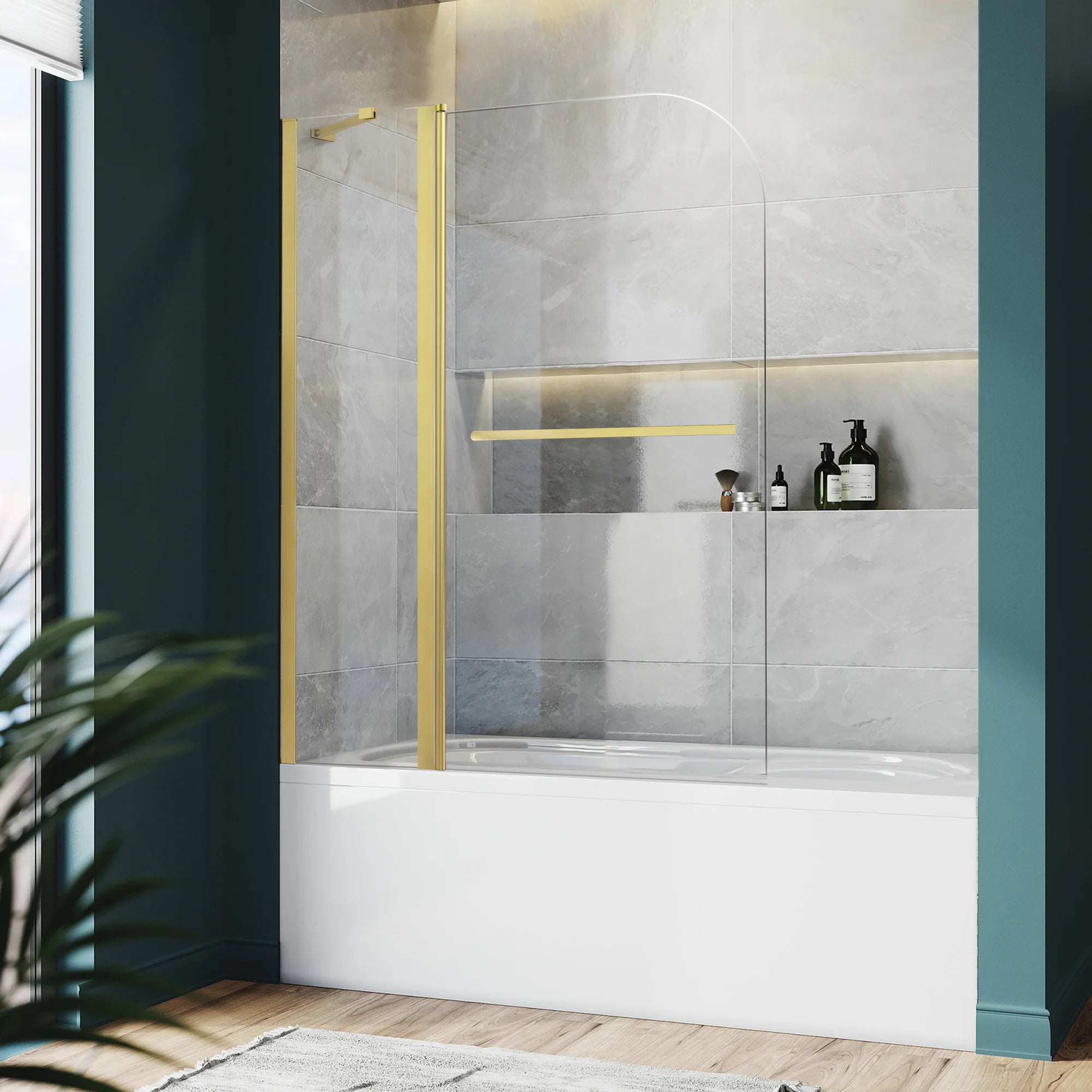 43" W x 58" H Frameless Pivot Foldable Bathtub Door Misty J6 #Color_Brushed Gold
