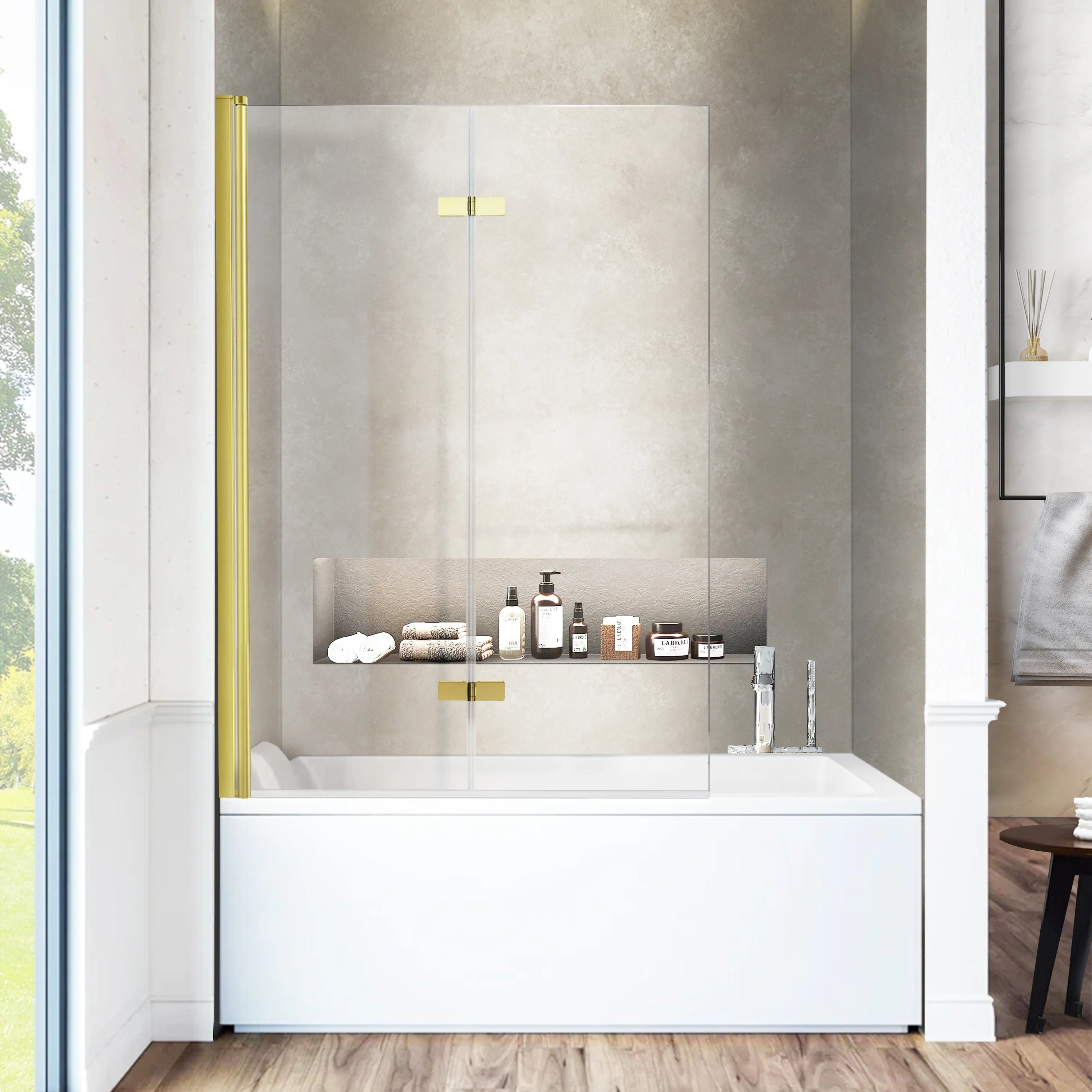 30" W x 55" H Frameless Bi-Fold Hinged Bathtub Door Serene B28 #Color_Brushed Gold