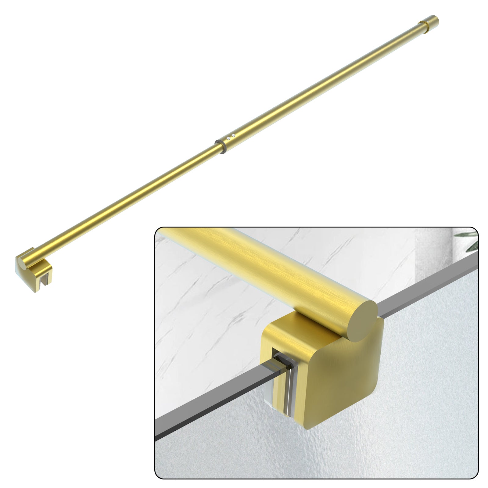Round Wall - to - Glass Support Bar with Square Contoured Clamp LG - 02 - Wall - to - Glass Support Bar - AquivaCoast Showers - Wall - to - Glass Support Bar - #Color_Brushed Gold
