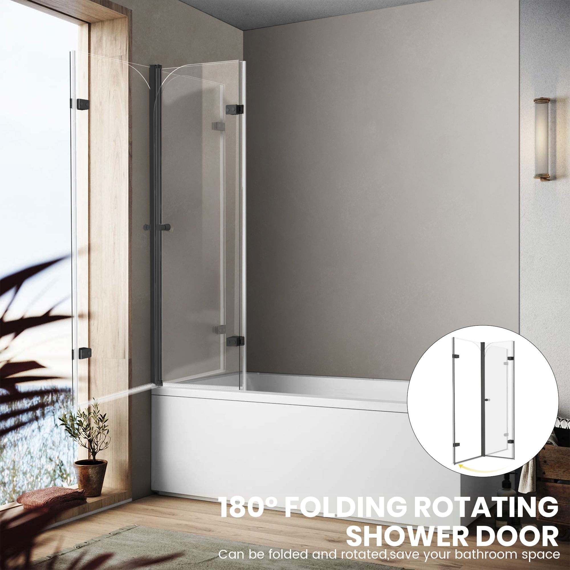 43" W x 58" H Frameless Hinged Bi-Fold Bathtub Door Misty J29 #Color_Matte Black