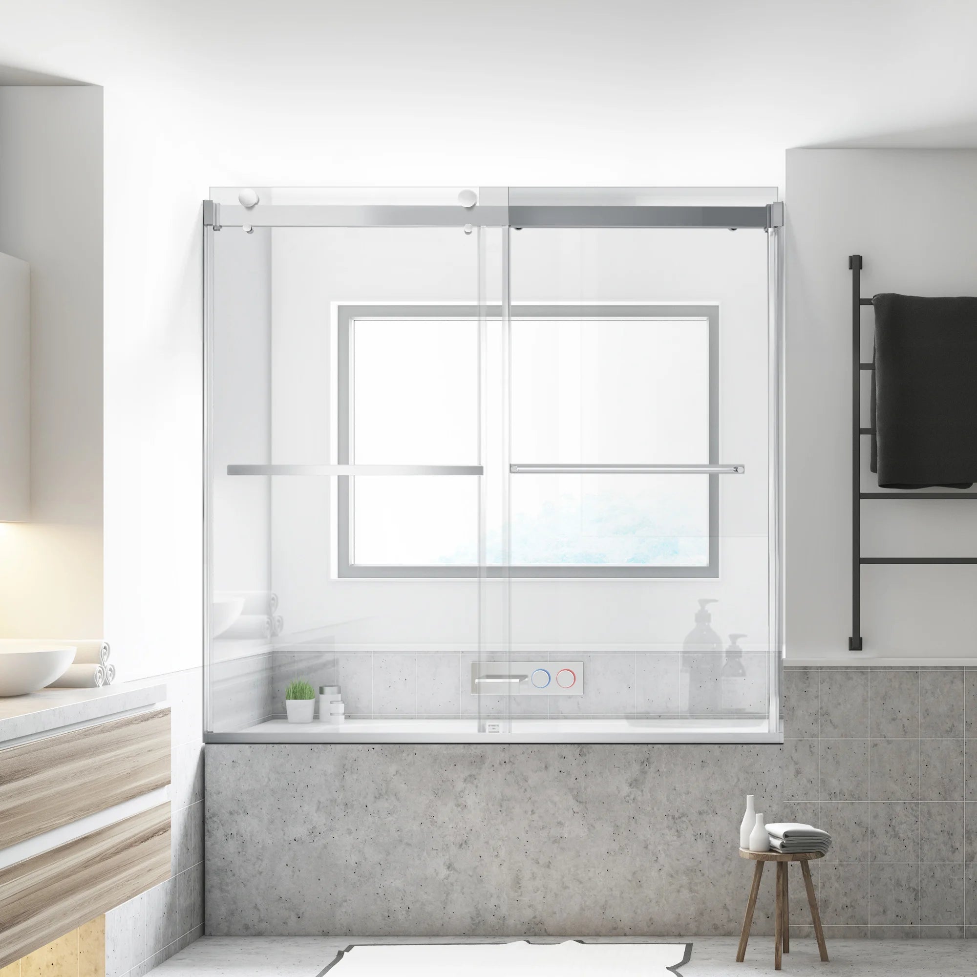 56"-60" x 58" Frameless Double Sliding Tub Door Roller B7 #Color_Chrome