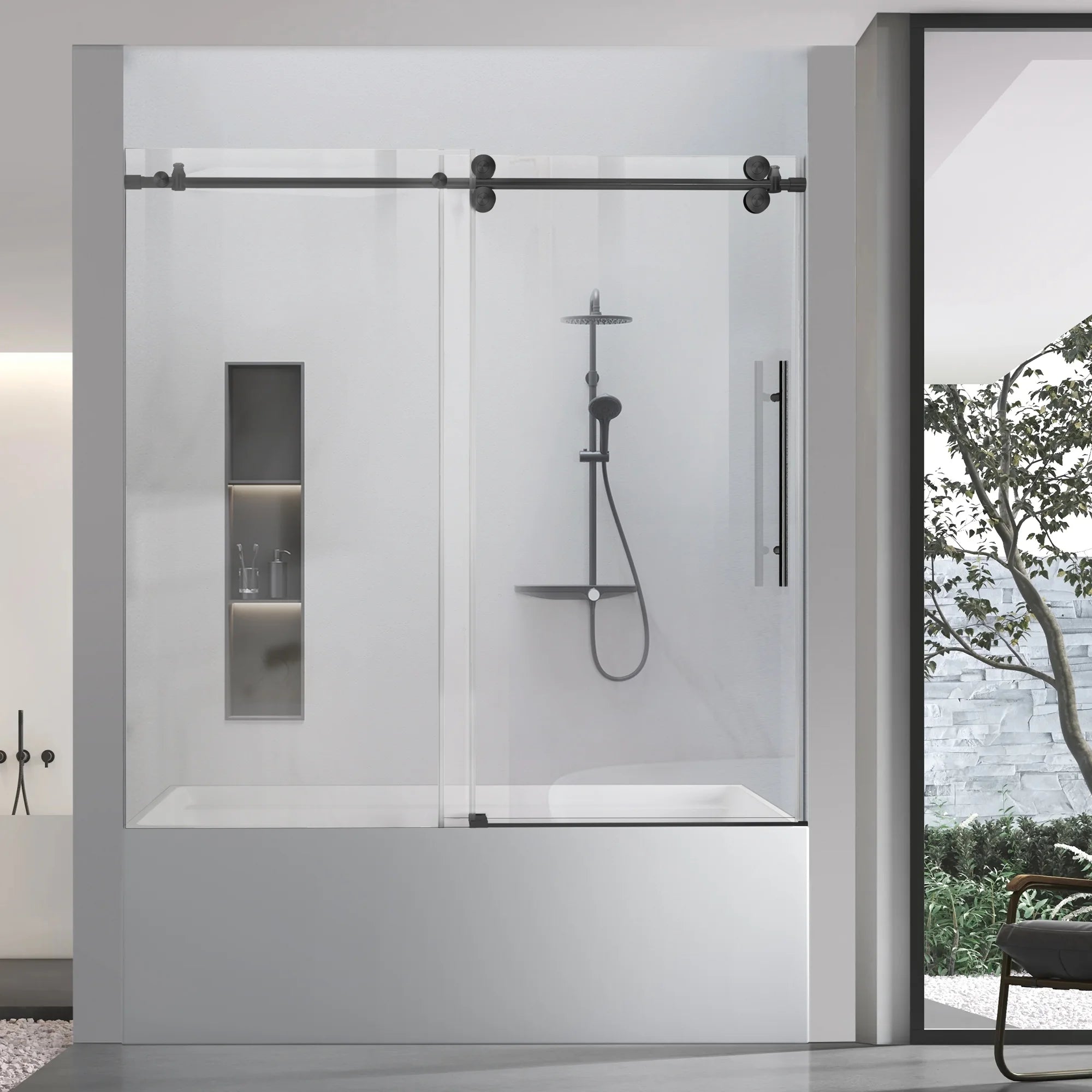 56"-60" x 58" Frameless Single Sliding Tub Door Roller J7 #Color_Matte Black