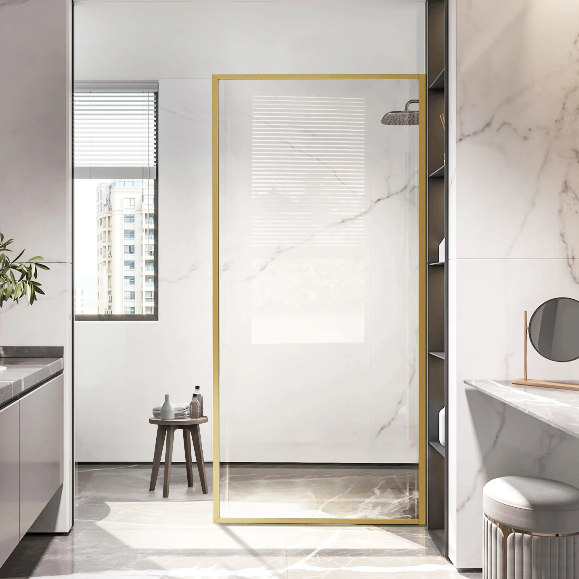 34" x 74" Framed Shower Screen Brushed Gold #Corner Style_V Groove