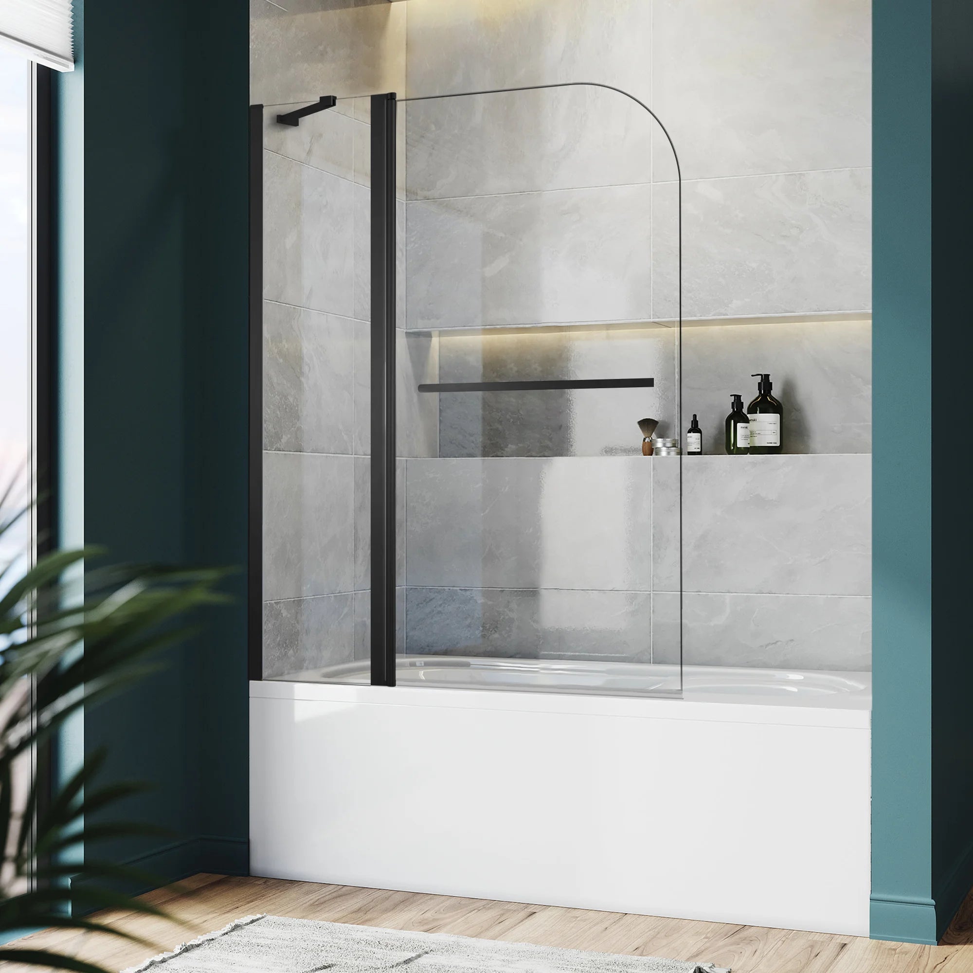 43" W x 58" H Frameless Pivot Foldable Bathtub Door Misty J5 #Color_Matte Black