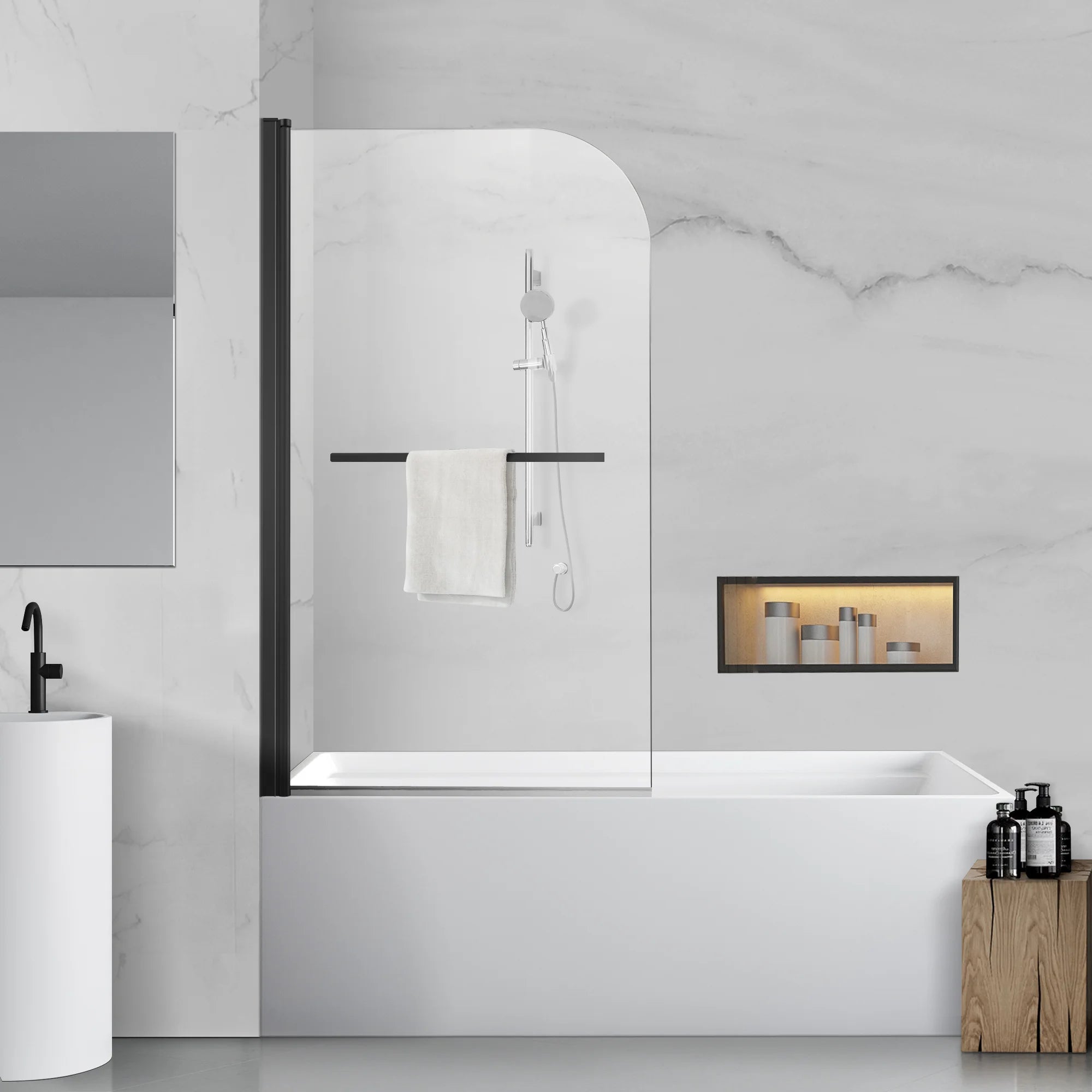 34" W x 58" H Frameless Pivot Bathtub Screen with Curved Top Misty J2 #Color_Matte Black