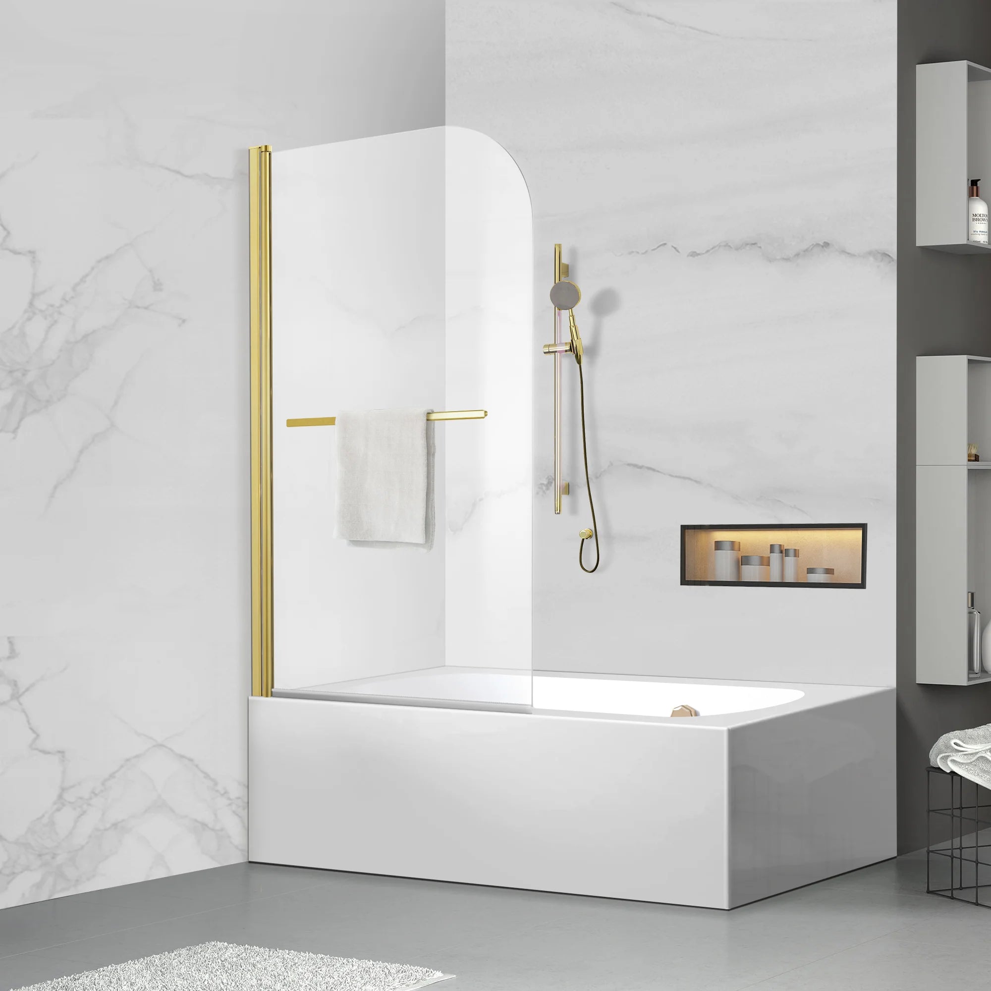 34" W x 58" H Frameless Pivot Bathtub Screen with Curved Top Misty J3 #Color_Brushed Gold