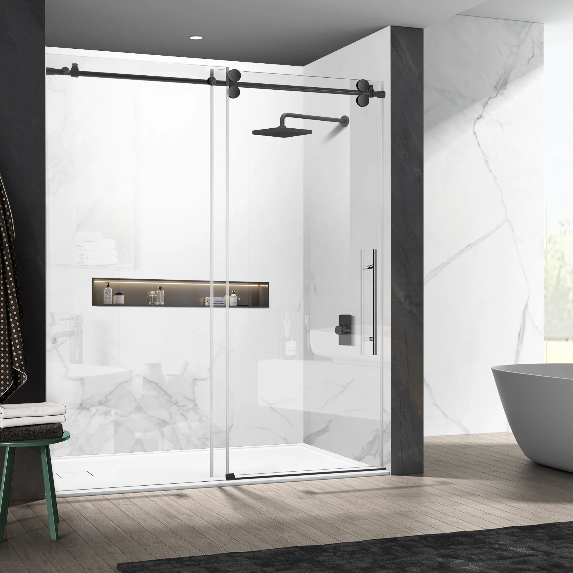 56"-60" W x 76" H Frameless Single Sliding Shower Door Roller J9 #Color_Matte Black