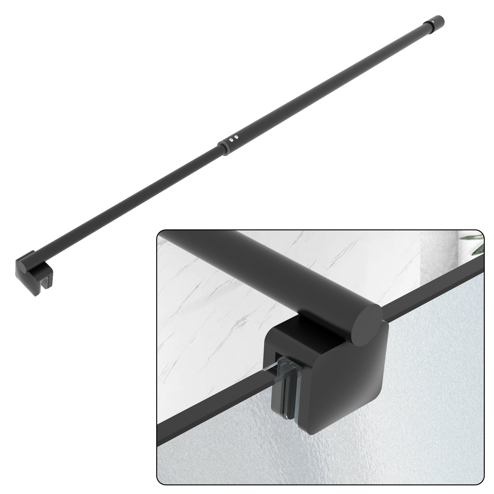Round Wall - to - Glass Support Bar with Square Contoured Clamp LG - 02 - Wall - to - Glass Support Bar - AquivaCoast Showers - Wall - to - Glass Support Bar - #Color_Matte Black