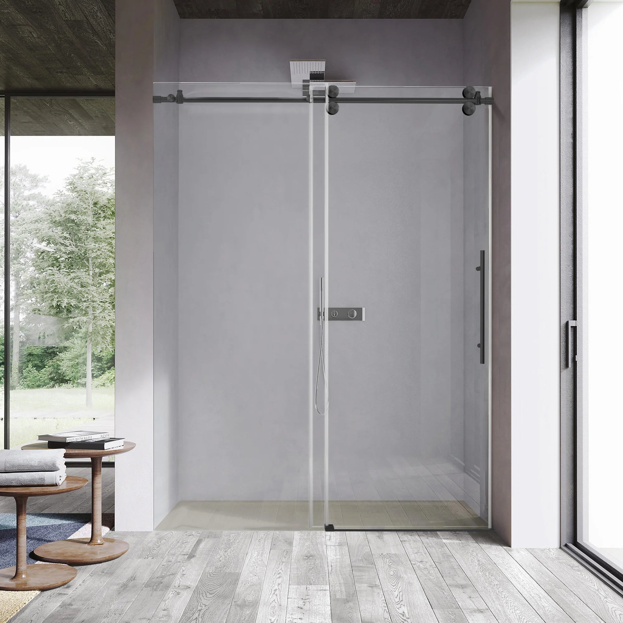 56"-60" W x 76" H Frameless Single Sliding Shower Door Roller J9 #Color_Matte Black