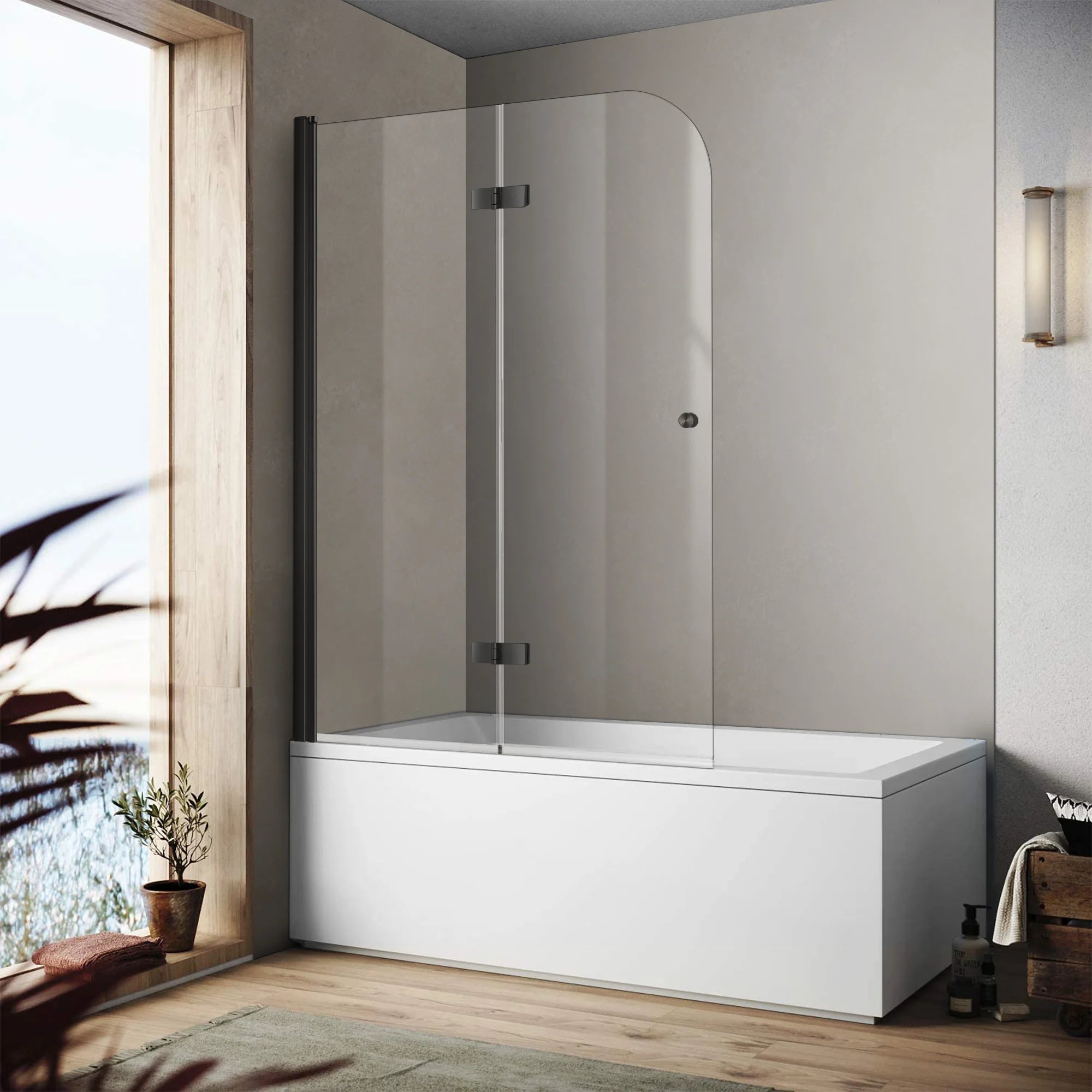 43" W x 58" H Frameless Hinged Bi-Fold Bathtub Door Misty J29 #Color_Matte Black
