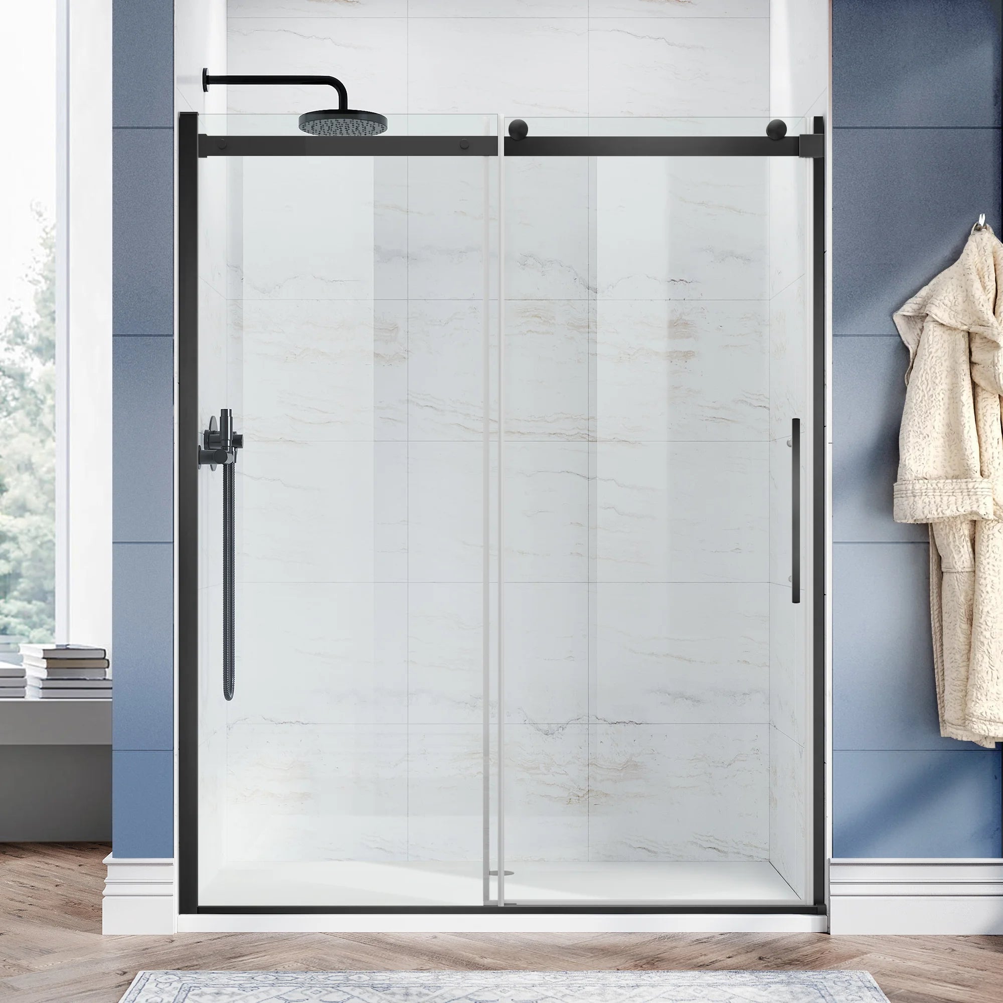 58"-59" W x 76" H Semi-Frameless Single Sliding Shower Door Roller A8 #Color_Matte Black