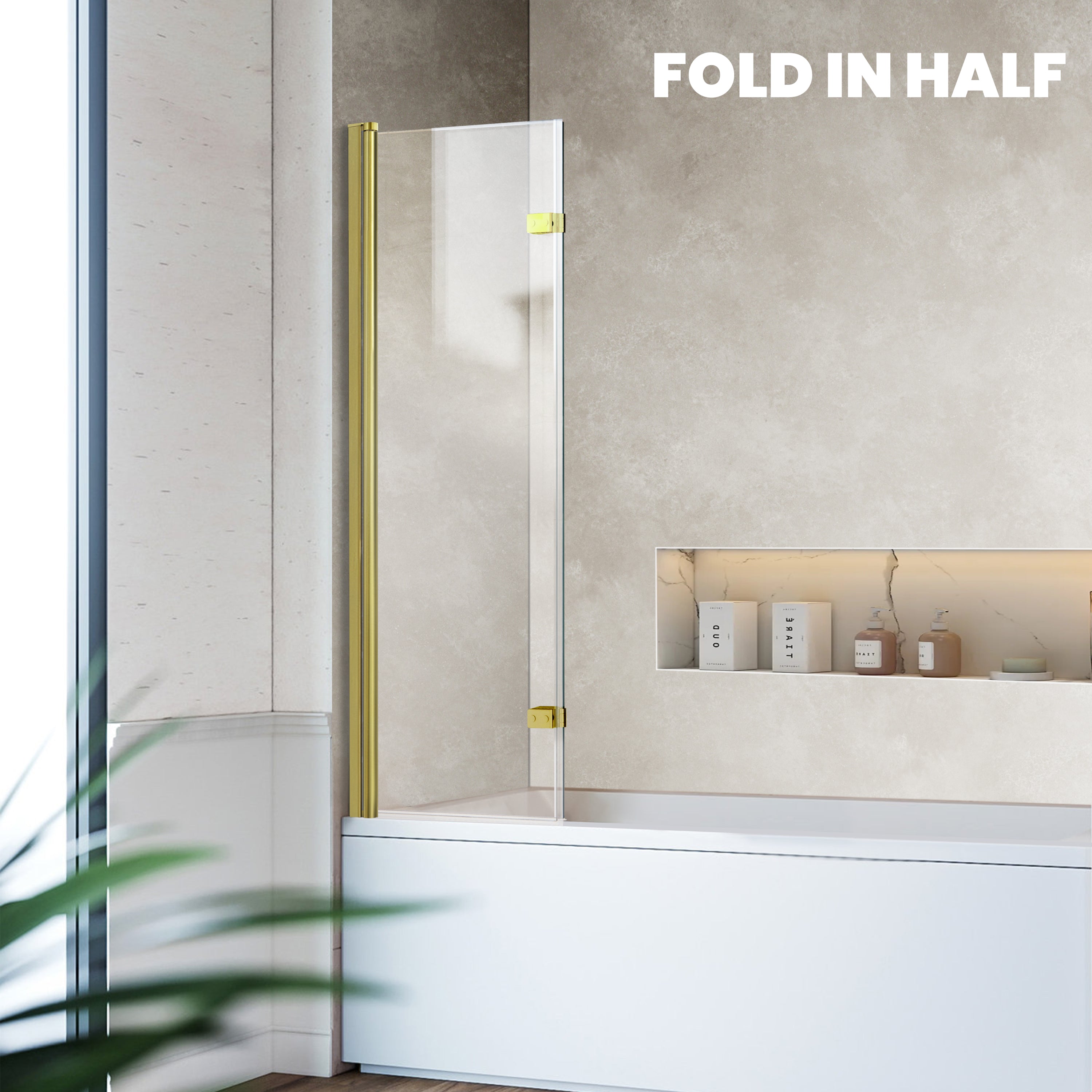 30" W x 55" H Frameless Bi-Fold Hinged Bathtub Door with 1/4" (6 mm) Clear Glass and 180° Pivoting, Brushed Gold