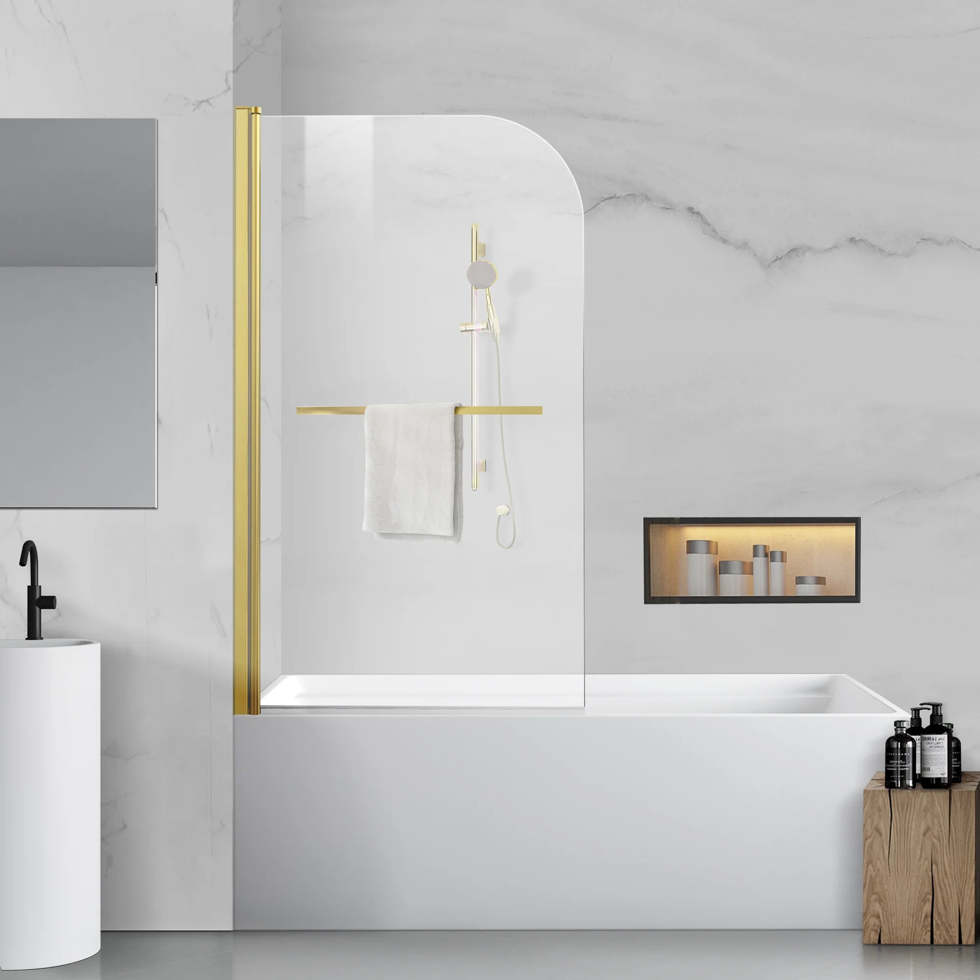 34" W x 58" H Frameless Pivot Bathtub Screen with Curved Top Misty J3 #Color_Brushed Gold