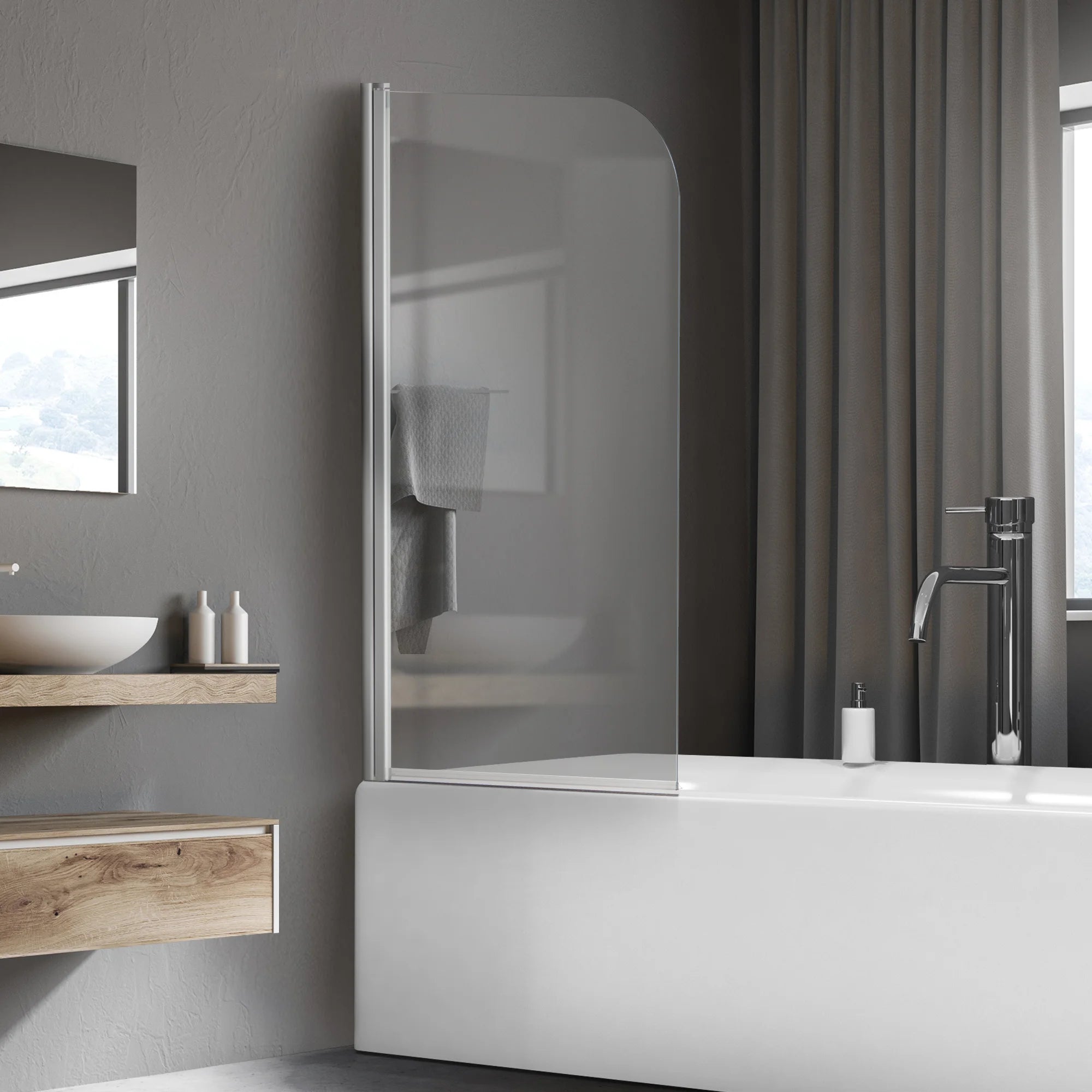 30" W x 55" H Curved Top Frameless Pivot Bathtub Screen #Color_Polished Chrome