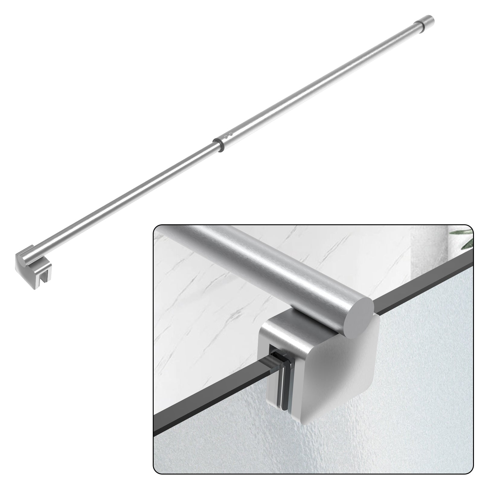 Round Wall - to - Glass Support Bar with Square Contoured Clamp LG - 02 - Wall - to - Glass Support Bar - AquivaCoast Showers - Wall - to - Glass Support Bar - #Color_Brushed Nickel