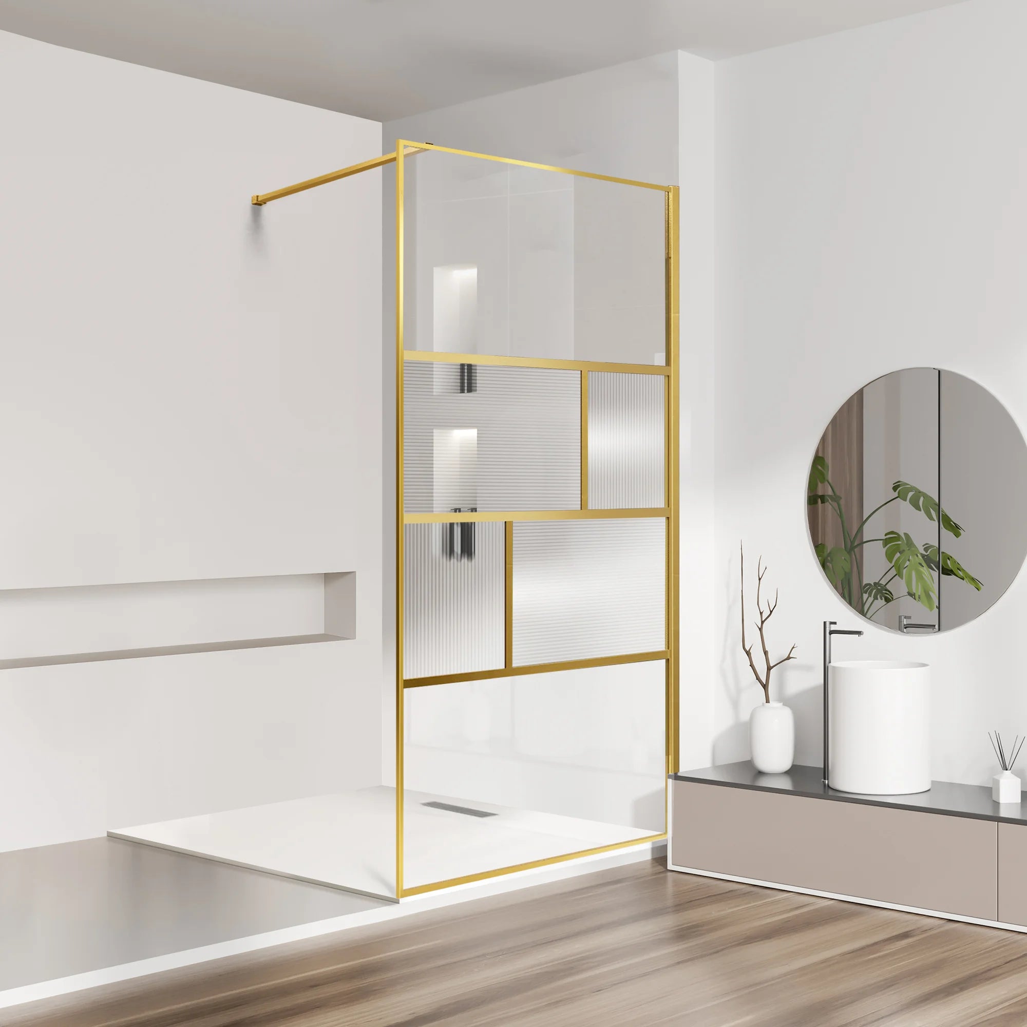 34" W x 74" H Walk-In Framed Fixed Shower Screen #Color_Brushed Gold