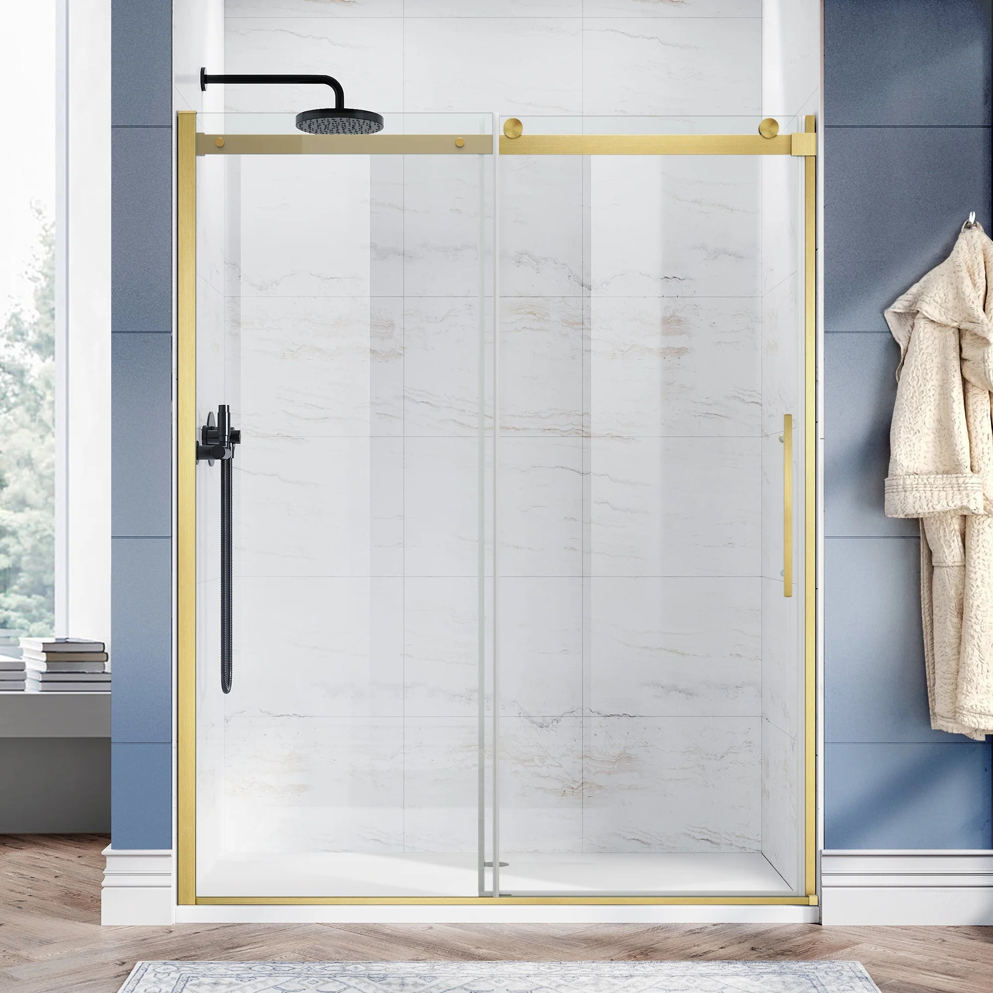 58"-59" W x 76" H Semi-Frameless Single Sliding Shower Door Roller A9 #Color_Brushed Gold