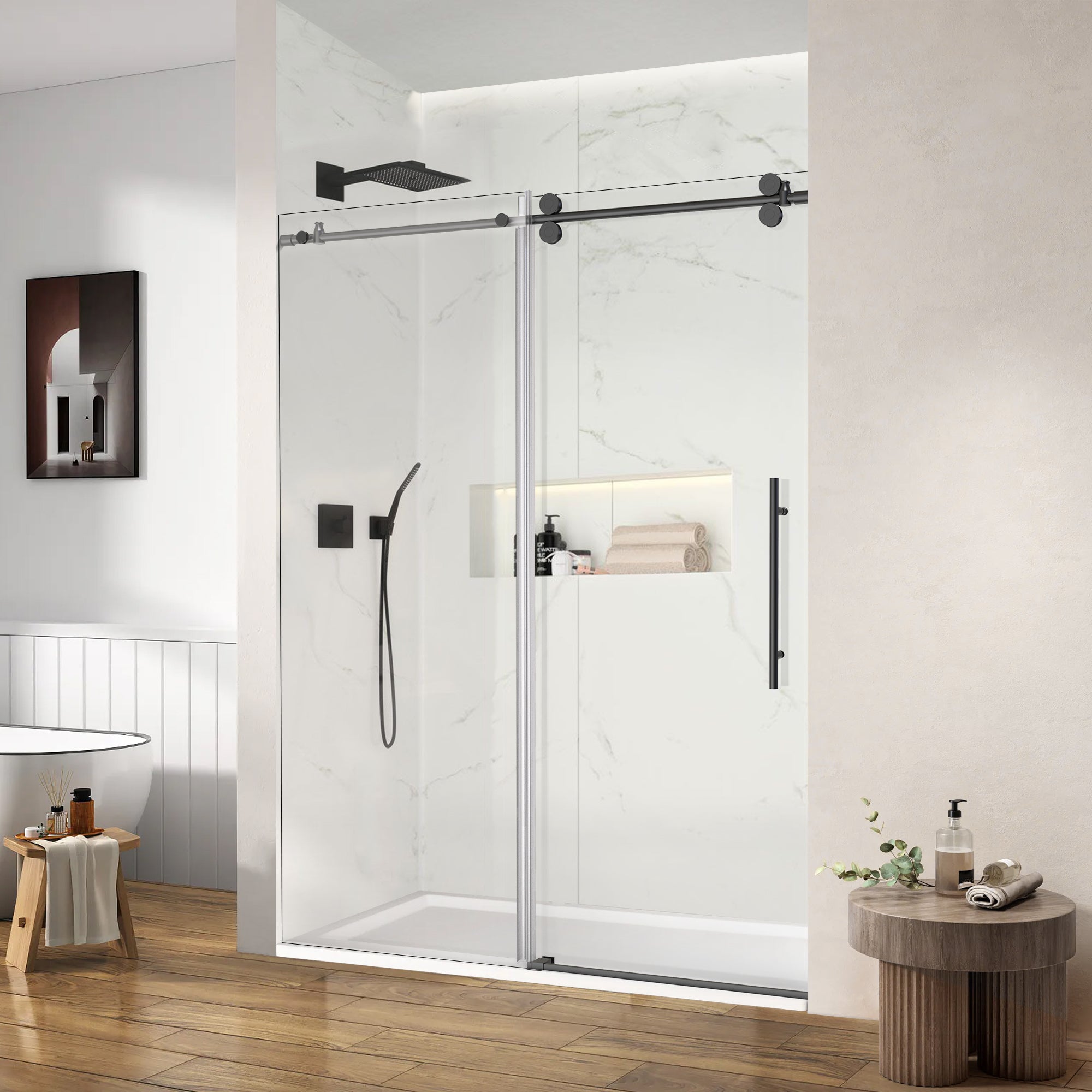 56"-60" W x 76" H Frameless Single Sliding Shower Door Roller J9 #Color_Matte Black