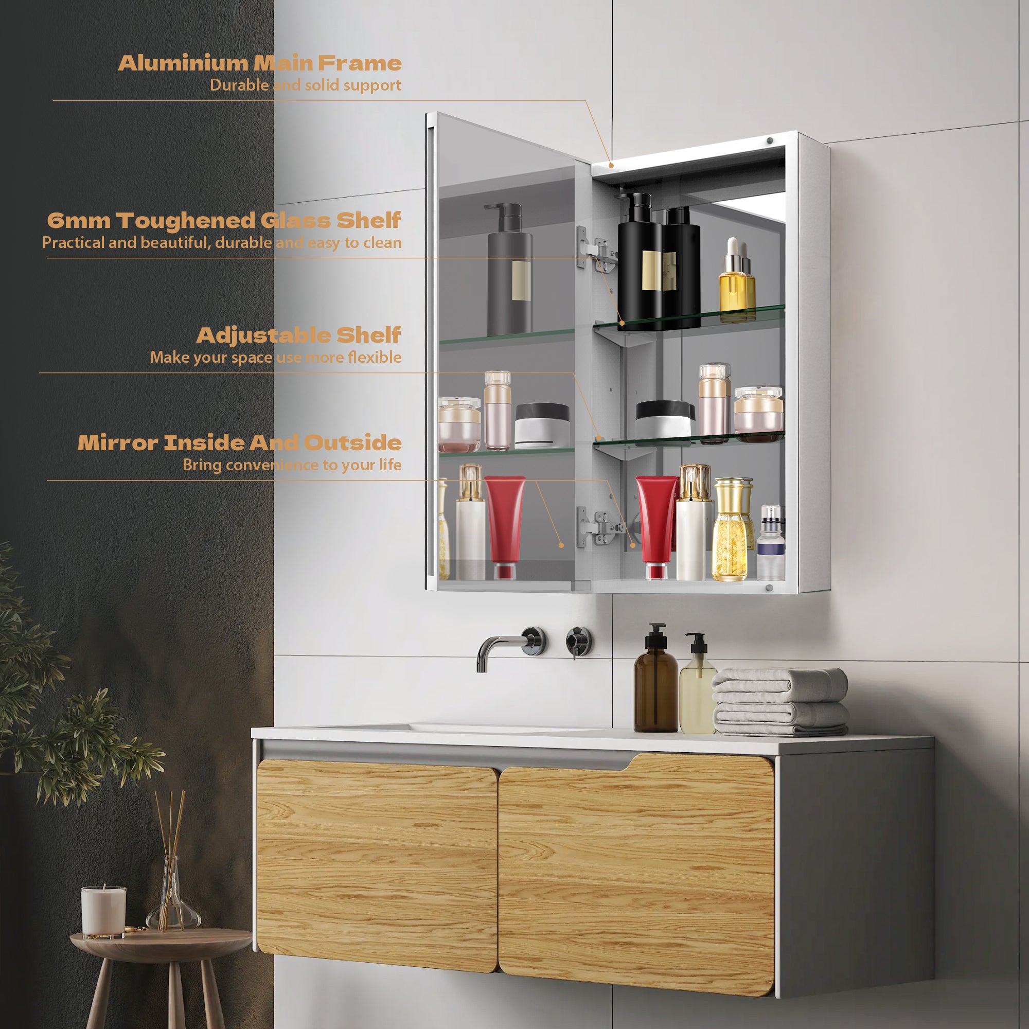15"/16"/20" Single Door Medicine Cabinet with Soft - Close, Dual - Sided Mirrors, Adjustable Shelves & Aluminum Frame - Medicine Cabinets - AquivaCoast Showers - Medicine Cabinets - Mirror - Surface/ Recessed Mount