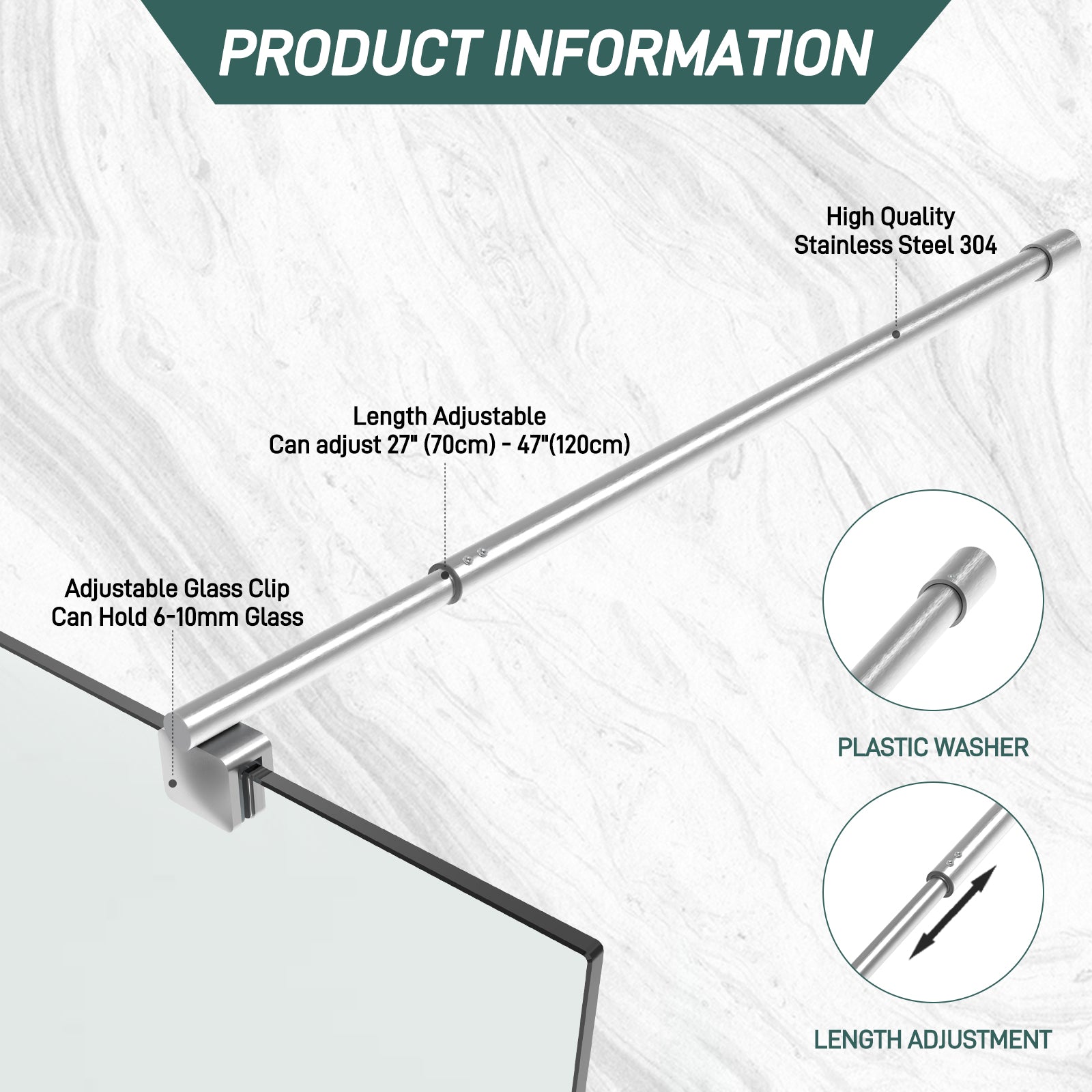 Round Wall - to - Glass Support Bar with Square Contoured Clamp LG - 02 - Wall - to - Glass Support Bar - AquivaCoast Showers - Wall - to - Glass Support Bar - #Color_Brushed Nickel