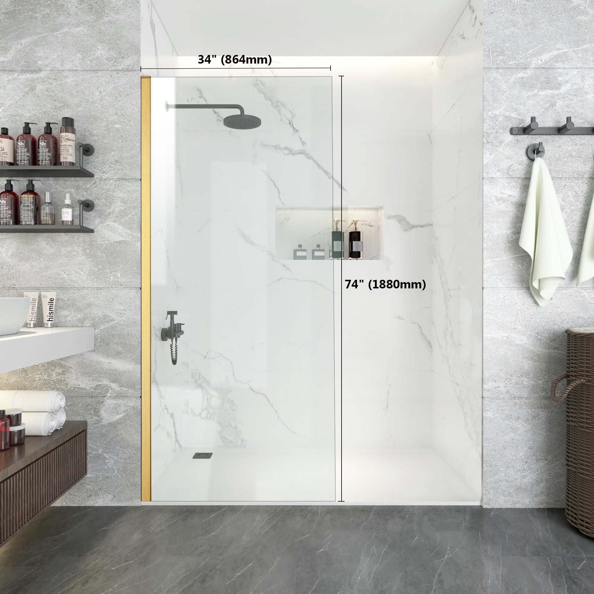 34" x 74" Frameless Shower Scree Meteor X13-BG #Color_Brushed Gold