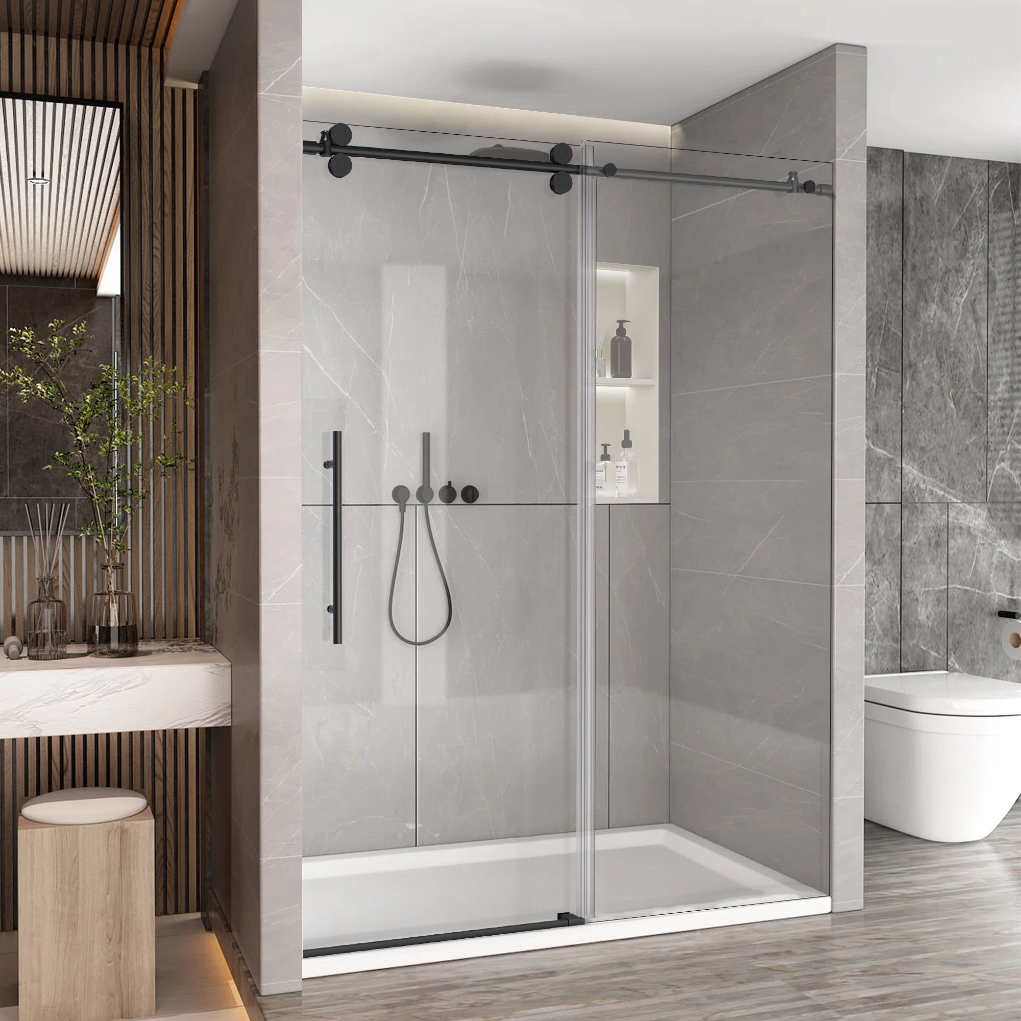 56"-60" W x 76" H Frameless Single Sliding Shower Door Roller J9 #Color_Matte Black
