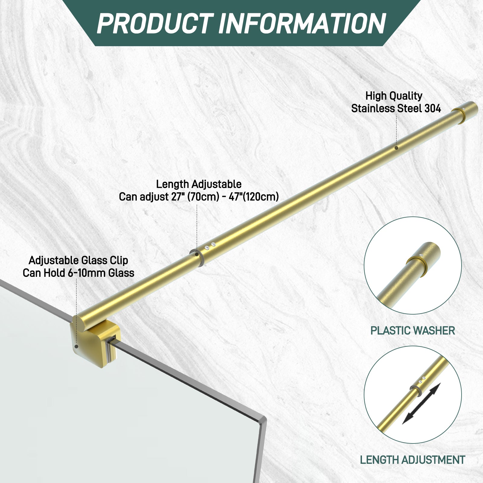 Round Wall - to - Glass Support Bar with Square Contoured Clamp LG - 02 - Wall - to - Glass Support Bar - AquivaCoast Showers - Wall - to - Glass Support Bar - #Color_Brushed Gold