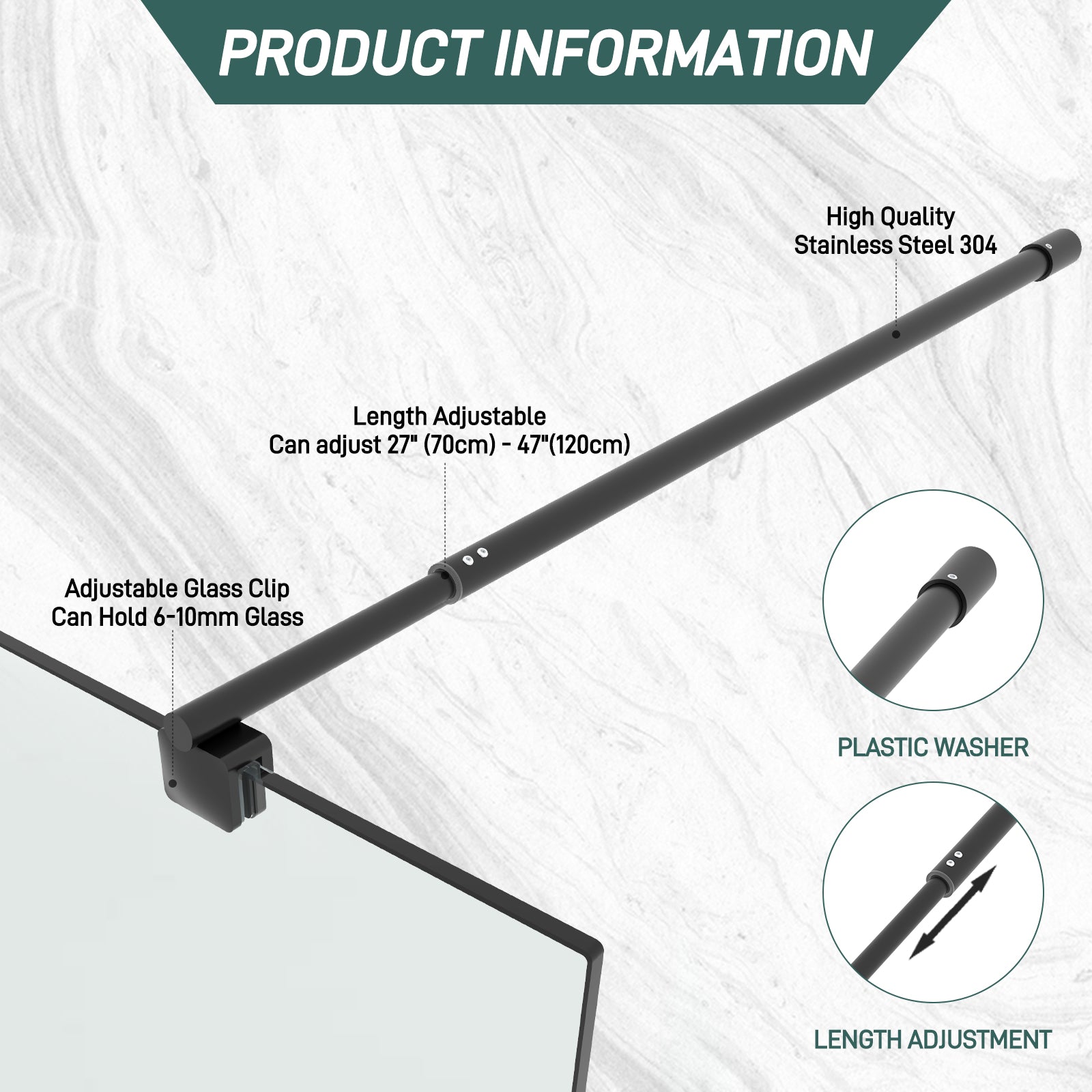 Round Wall - to - Glass Support Bar with Square Contoured Clamp LG - 02 - Wall - to - Glass Support Bar - AquivaCoast Showers - Wall - to - Glass Support Bar - #Color_Matte Black