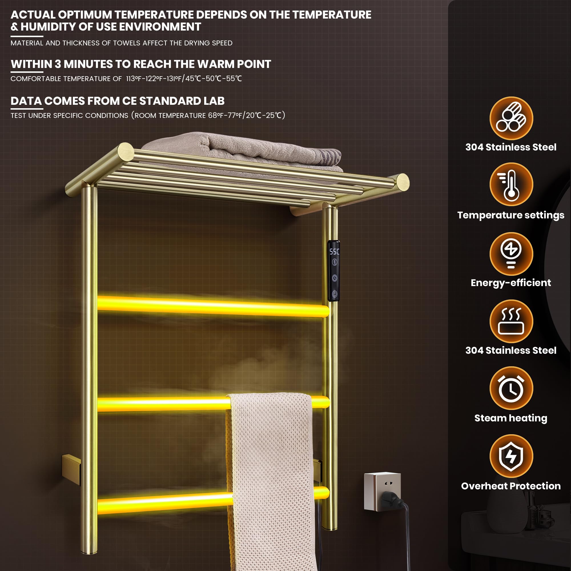 3-Bar Towel Warmer with Top Shelf MJ1-BG Wall-Mounted Electric Heated Towel Bar #Color_Brushed Gold