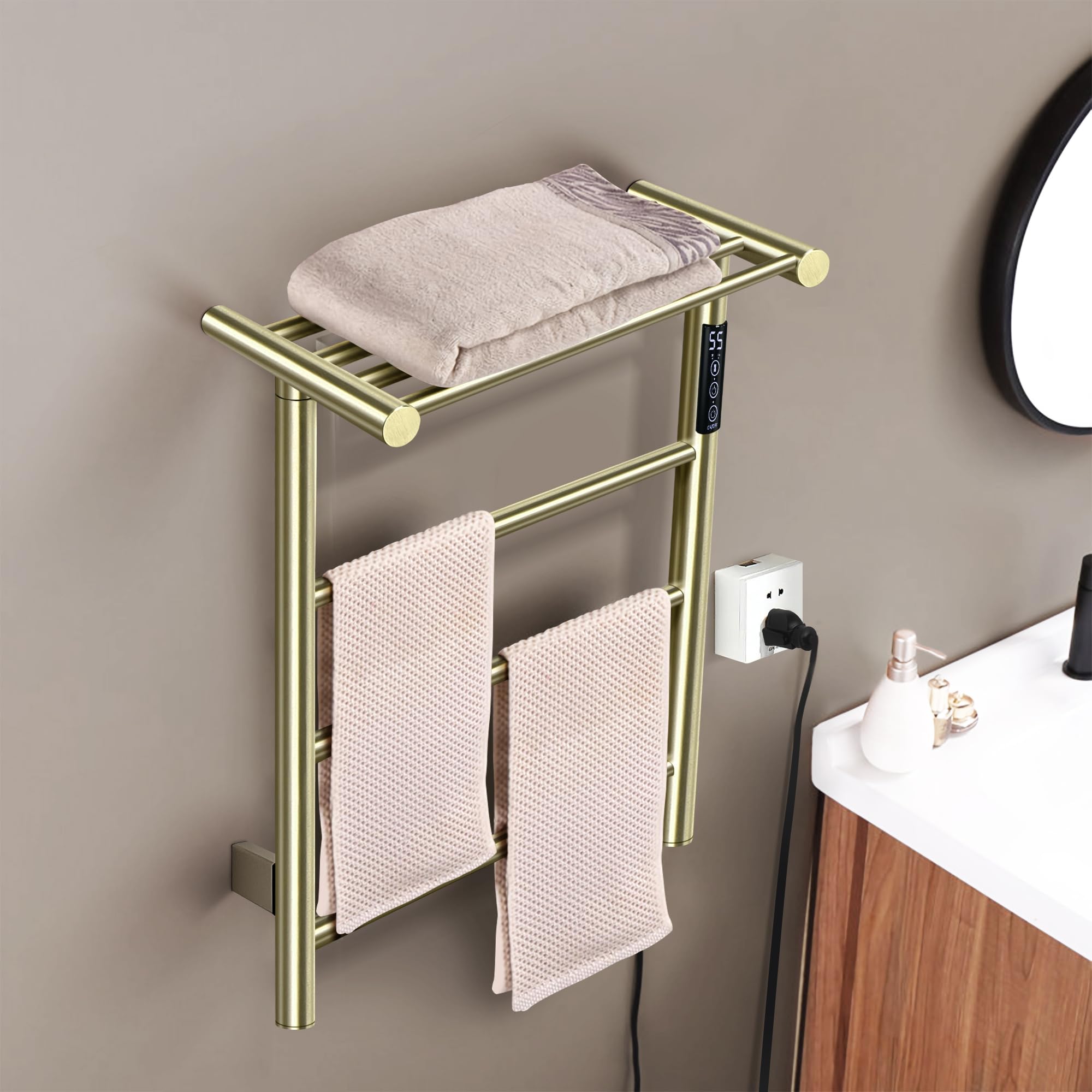 3-Bar Towel Warmer with Top Shelf MJ1-BG Wall-Mounted Electric Heated Towel Bar #Color_Brushed Gold