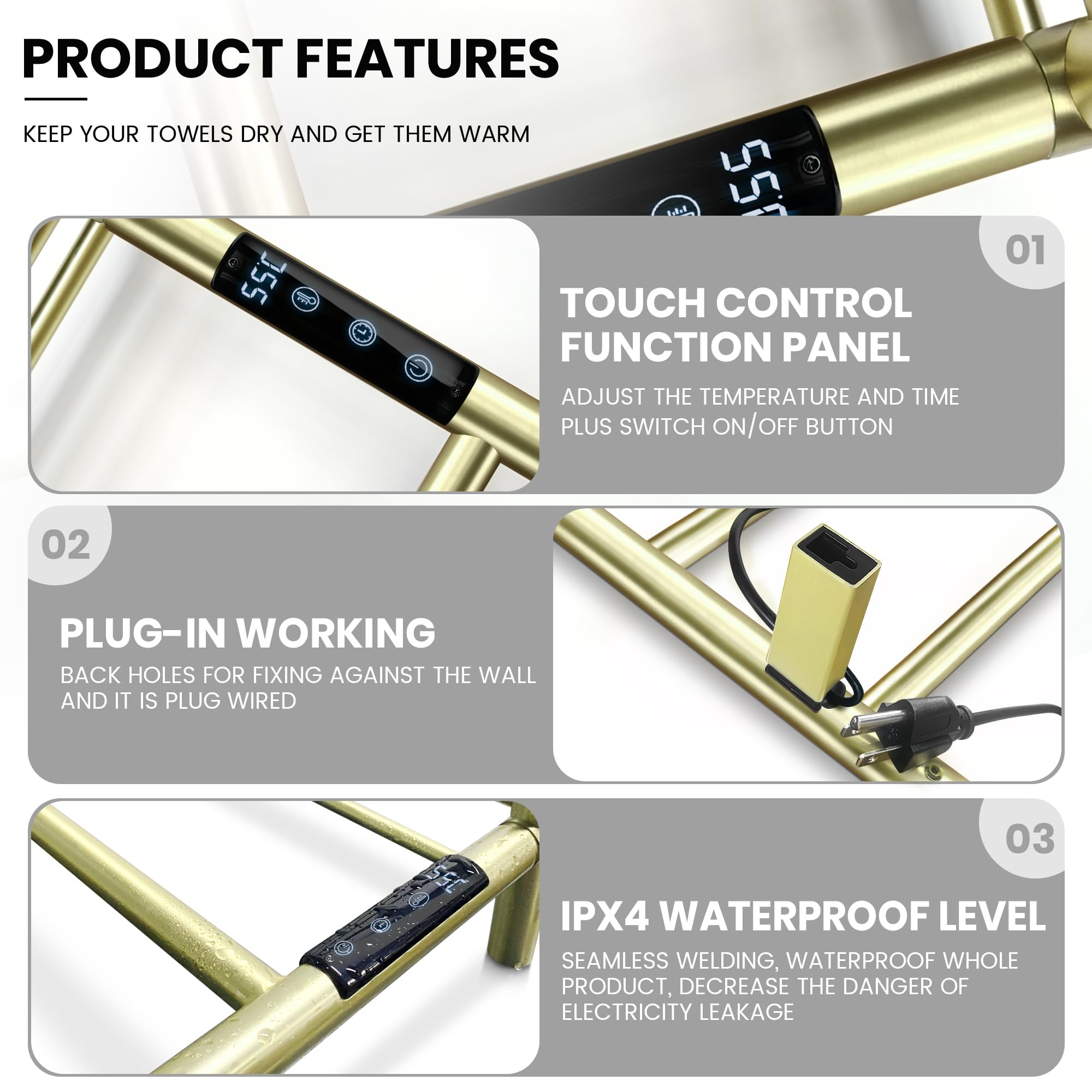 3-Bar Towel Warmer with Top Shelf MJ1-BG Wall-Mounted Electric Heated Towel Bar #Color_Brushed Gold