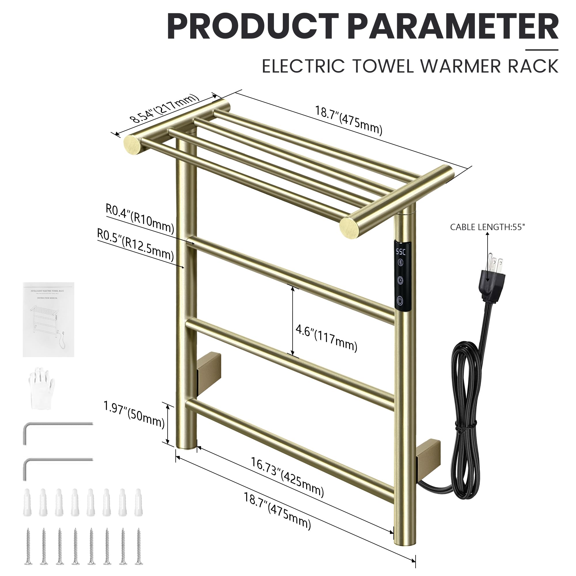 3-Bar Towel Warmer with Top Shelf MJ1-BG Wall-Mounted Electric Heated Towel Bar #Color_Brushed Gold