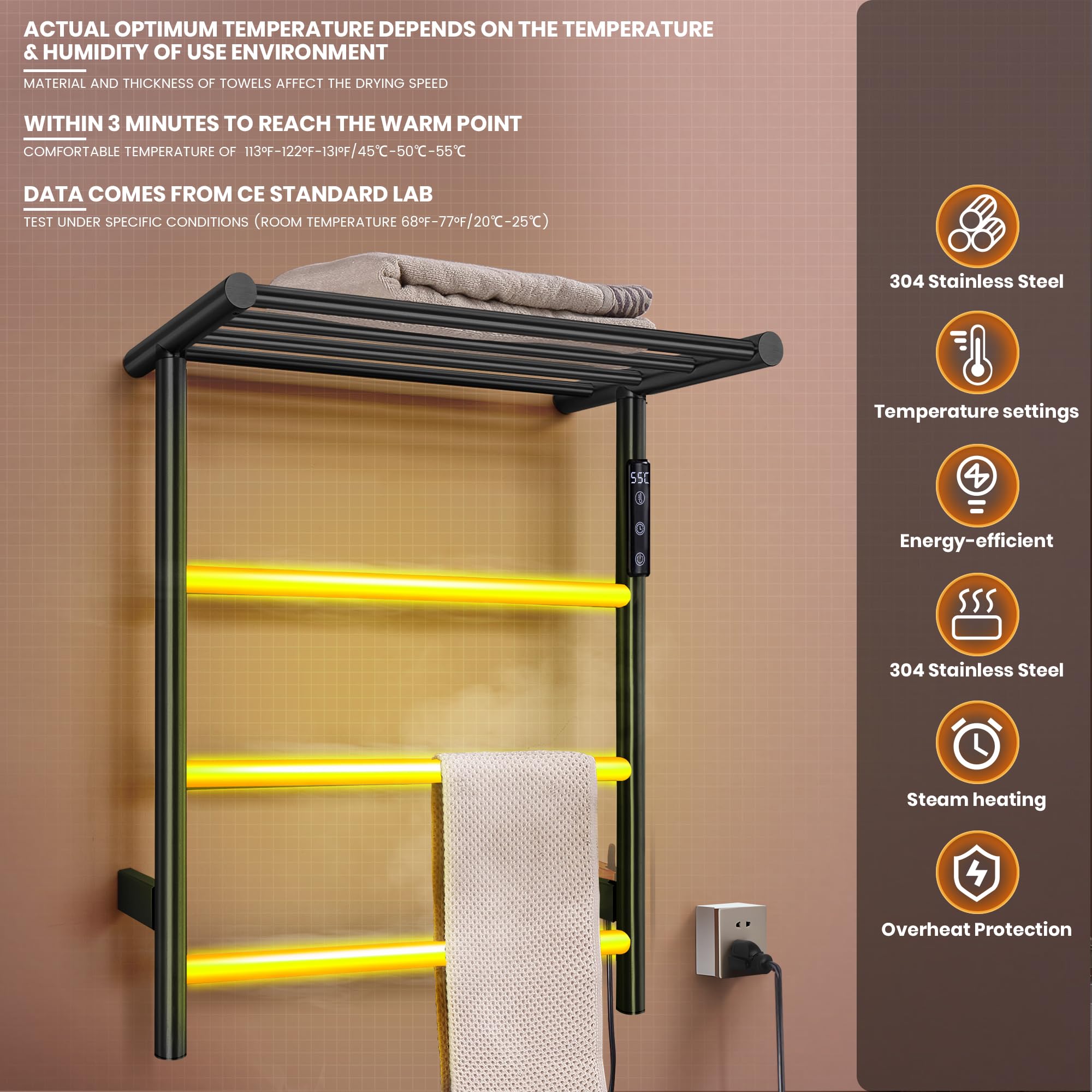 3-Bar Towel Warmer with Top Shelf MJ1-MB Wall-Mounted Electric Heated Towel Bar #Color_Matte Black
