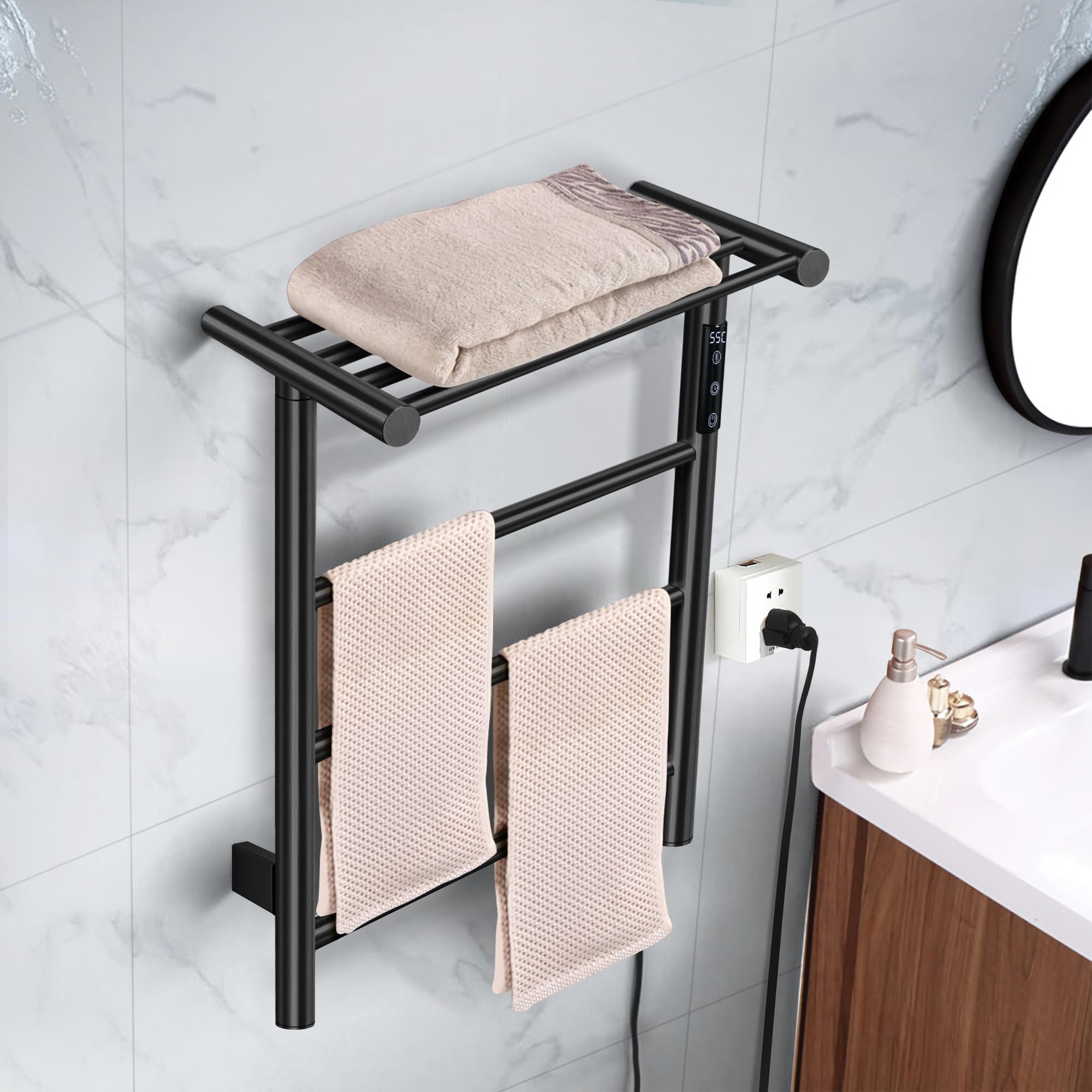3-Bar Towel Warmer with Top Shelf MJ1-MB Wall-Mounted Electric Heated Towel Bar #Color_Matte Black