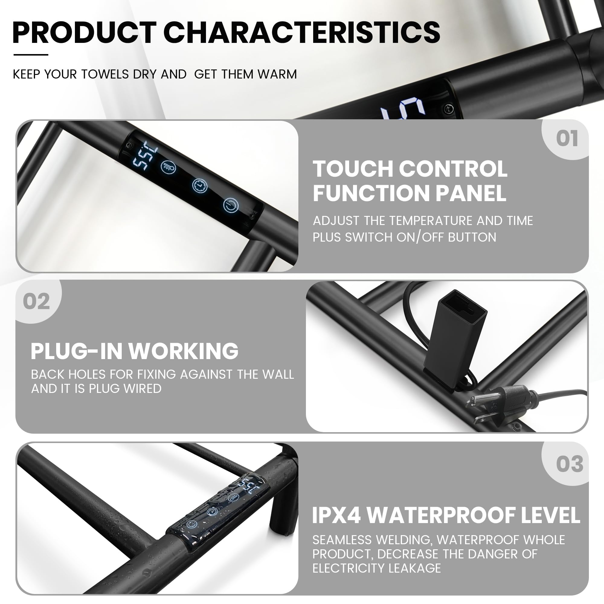 3-Bar Towel Warmer with Top Shelf MJ1-MB Wall-Mounted Electric Heated Towel Bar #Color_Matte Black