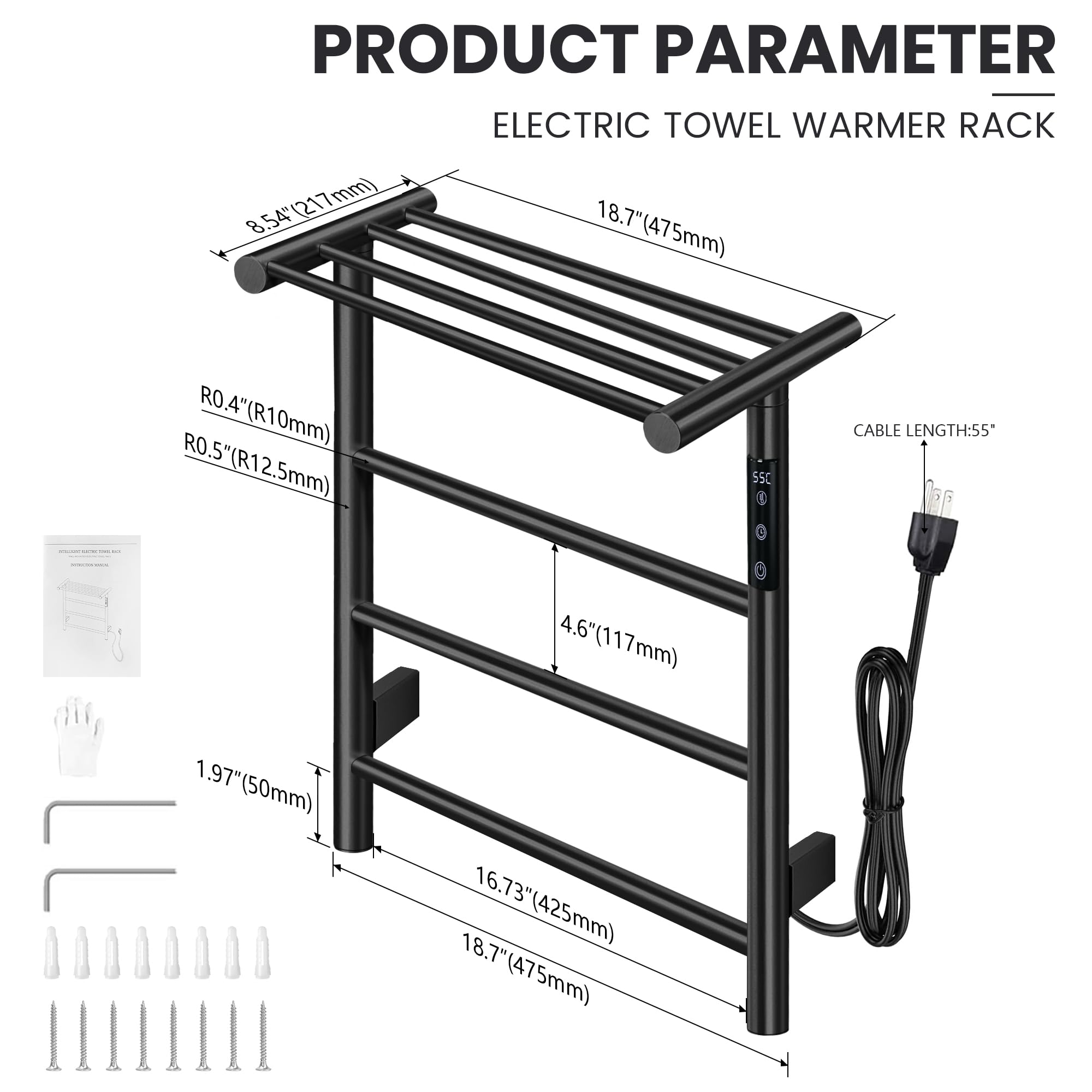 3-Bar Towel Warmer with Top Shelf MJ1-MB Wall-Mounted Electric Heated Towel Bar #Color_Matte Black