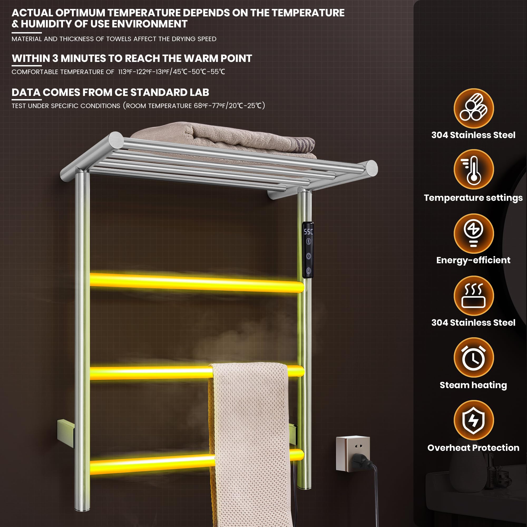 3-Bar Towel Warmer with Top Shelf MJ1-PC Wall-Mounted Electric Heated Towel Bar #Color_Brushed Nickel
