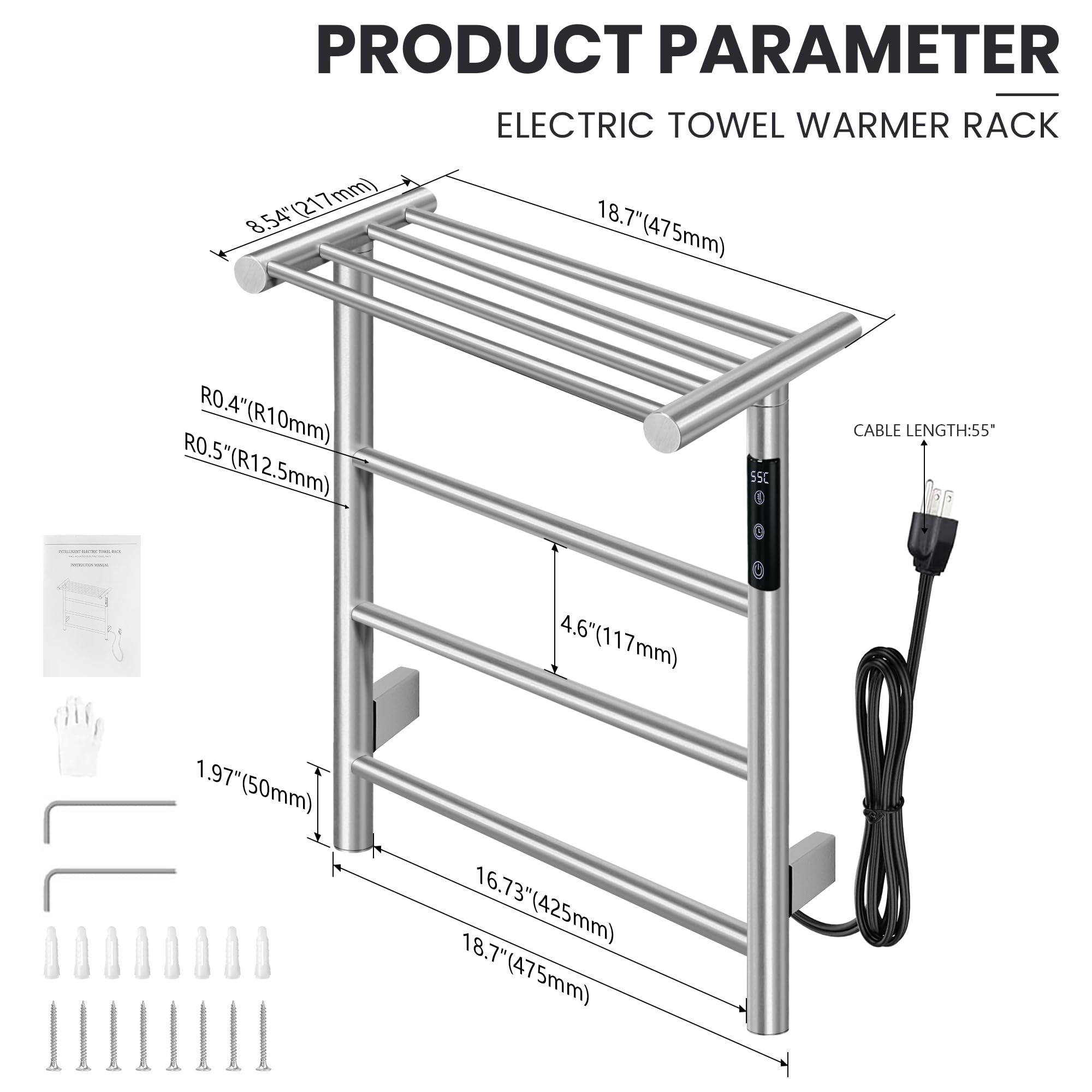 3-Bar Towel Warmer with Top Shelf MJ1-PC Wall-Mounted Electric Heated Towel Bar #Color_Brushed Nickel